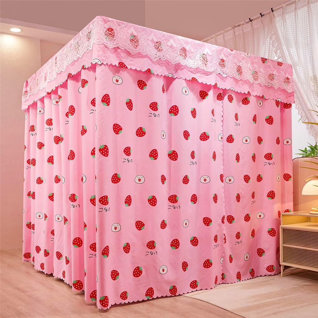 Pink-Strawberry Pattern Princess 4 Corner Post Bed Canopy Curtain Canopy for Girls Boys Bed Adult Bedroom for Twin/Full/Queen/King Size Bed Decoration (Pink, King)