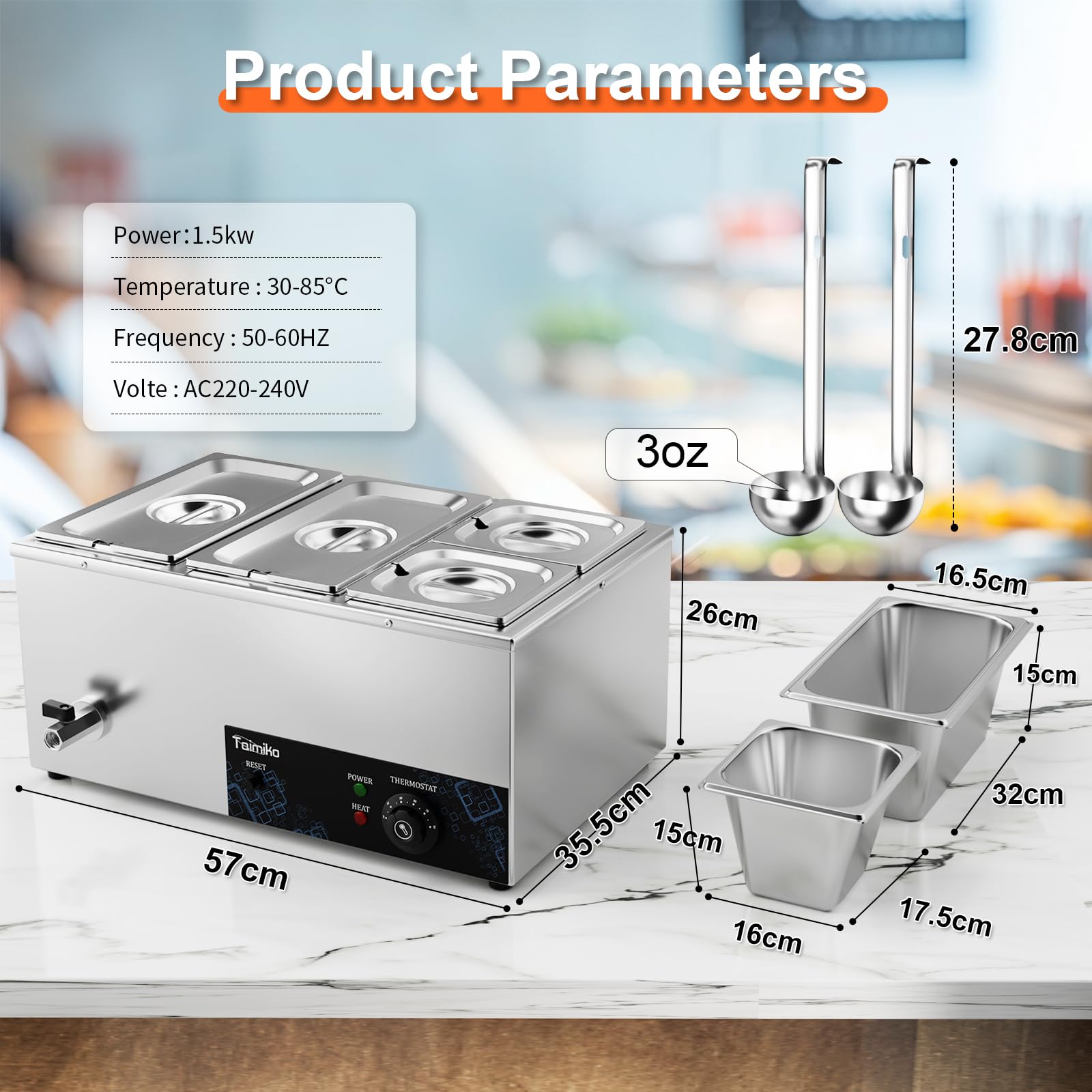 TAIMIKO 1500W Scaldavivande Commerciale a 4 Vaschette, Temperatura Regolabile da 0 a 85 °C, con pulsante anti-bruciatura a secco e reset, scalda buffet in acciaio inox con rubinetto di scarico
