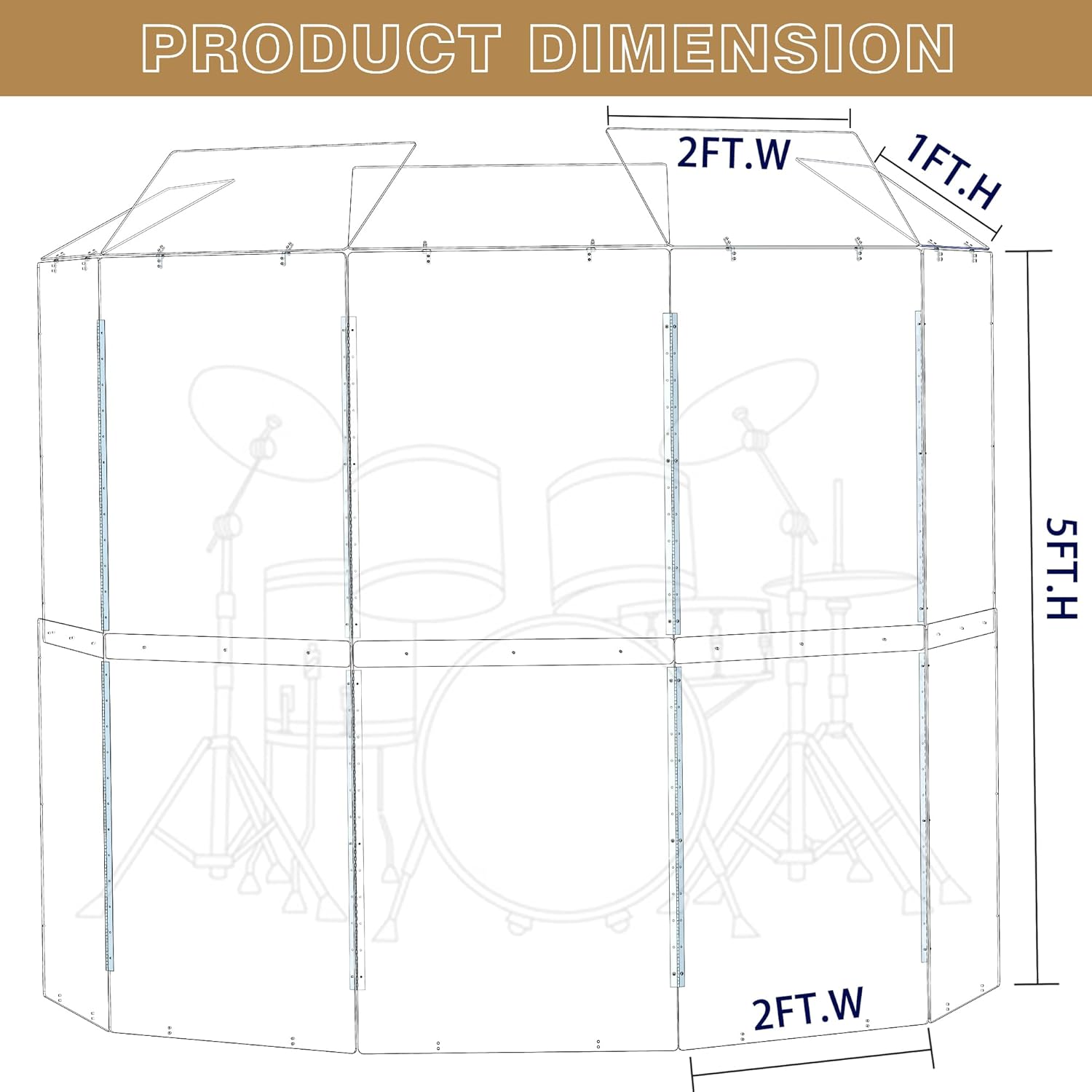 portable drum shield | 5 panels 2ft x 5ft w/deflectors | converts to 2ft x 6ft | factory-installed full-length stainless steel hinges | acrylic drum sound barrier (5 panels w/deflectors)