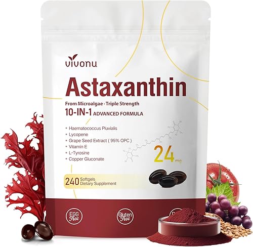 10 in 1 Astaxanthin Supplements 24mg, 4 Month Supply, Astaxantina Antioxidant from Fresh Haematococcus Pluvialis, Contains Lycopene, Grape Seed, Vitamin E, & More Supports Eye, Joints, Skin Health
