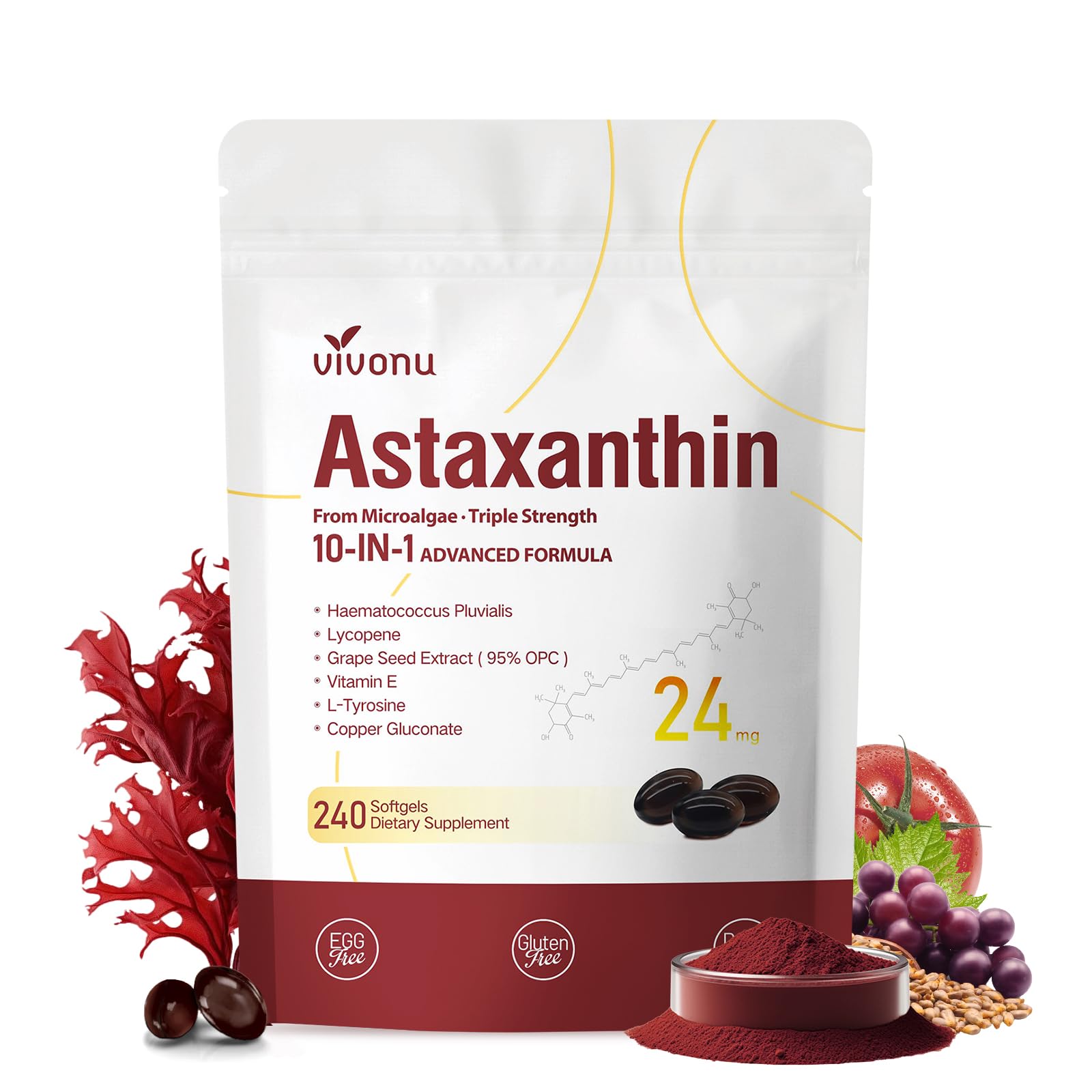 10 in 1 Astaxanthin Supplements 24mg, 4 Month Supply, Astaxantina Antioxidant from Fresh Haematococcus Pluvialis, Contains Lycopene, Grape Seed, Vitamin E, & More Supports Eye, Joints, Skin Health