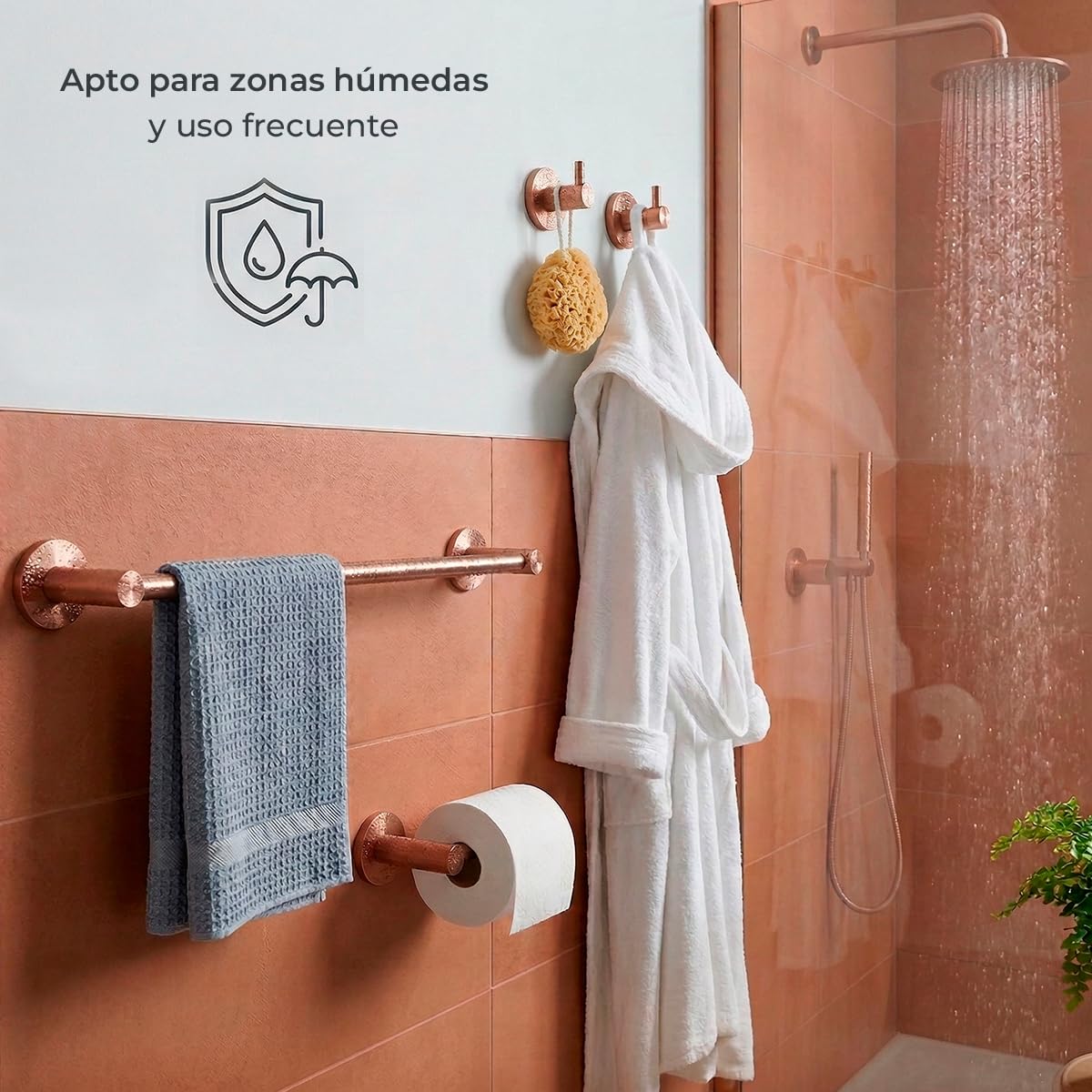 Set de 4 Accesorios de Baño Acero Inoxidable Piezas Premium - Toallero 40 Cm, Portarrollos y 2 Perchas - Color Oro Rosa Cepillado con Acabado PVD y Doble Fijación - The Bath Point