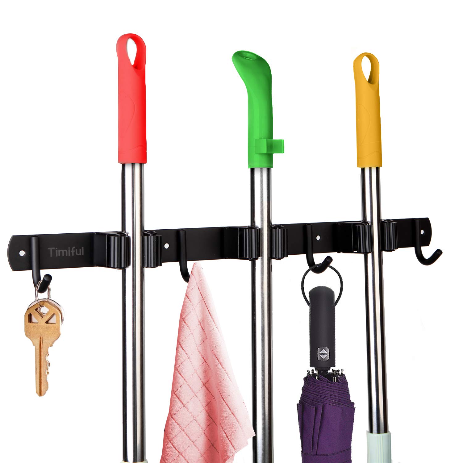 Mopp Besenhalter Wandmontage Organizer 43,2 cm mit 3 Regalen und 4 Haken, robust, für Garage, Küche, Bad, Büro, Schwarz
