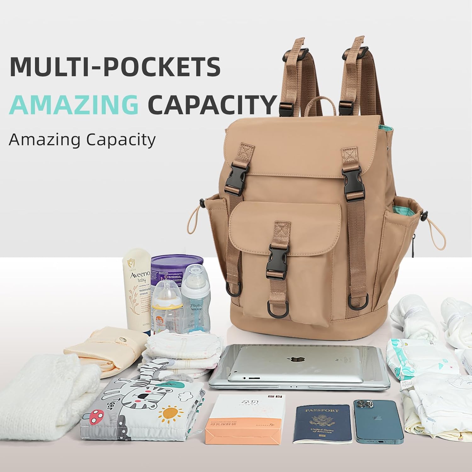 MOMINSIDE Diaper Bag Backpack with Large Wet Pocket, Baby Diaper Bag Mini Baby Bag for Girls Boys, Backpack Diaper Bag with 9 Pockets, Stroller Straps (Kaki) - Image 3