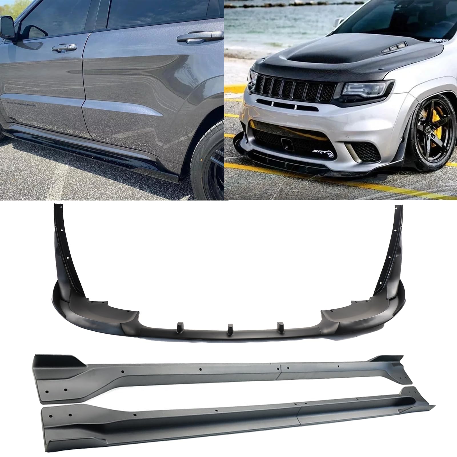 Body Kits for Jeep Grand Cherokee SRT/Trackhawk 2017-2021 V4 Style Front Bumper Lip Splitter + Side Skirt Extension Lip Panels Splitte (Matte Black)