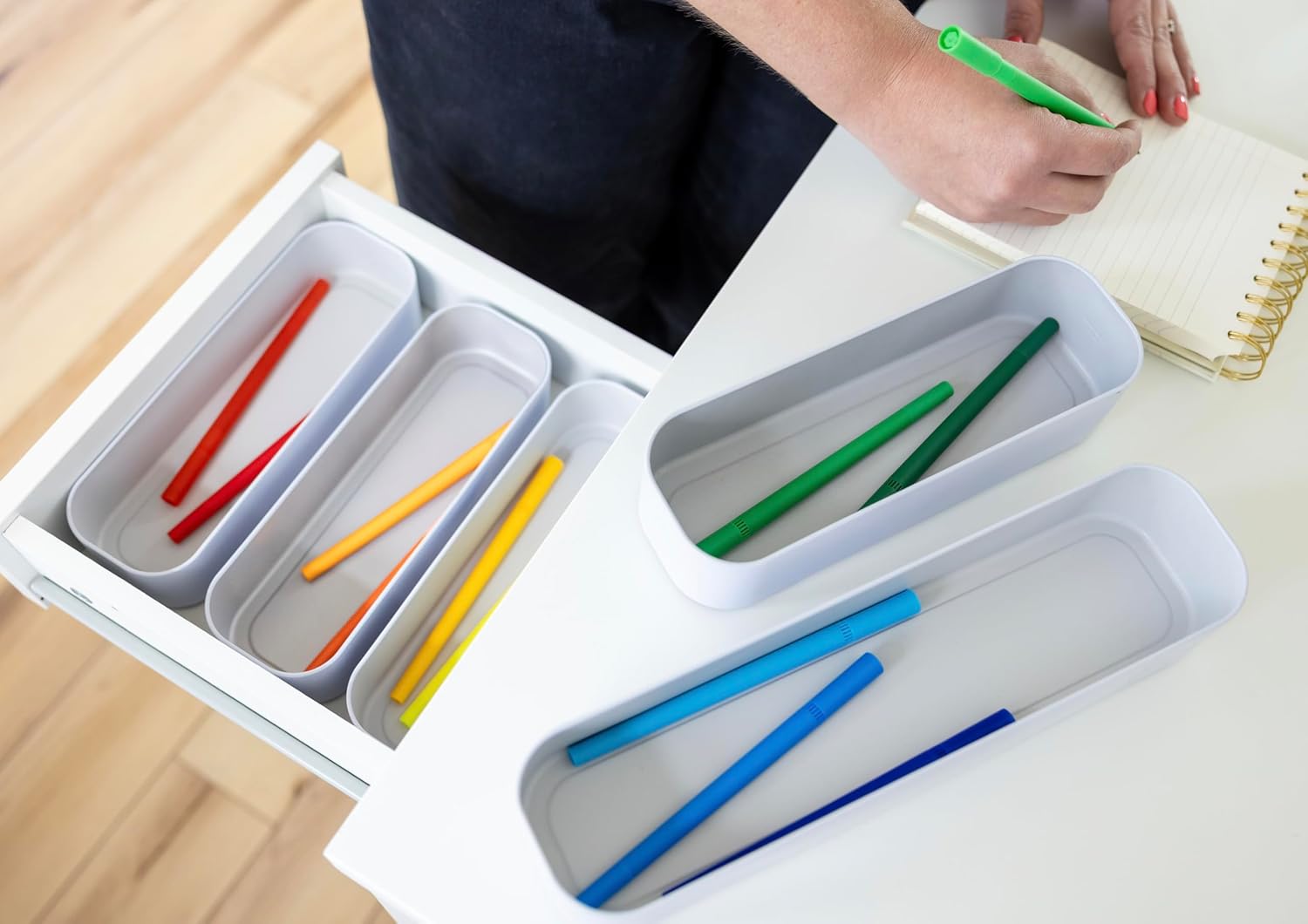 Three by Three Seattle 5-Piece Metal Stacking Drawer Organizers – Large, 2" Deep, Food-Safe (French Gray) – Stylish Kitchen Drawer Storage