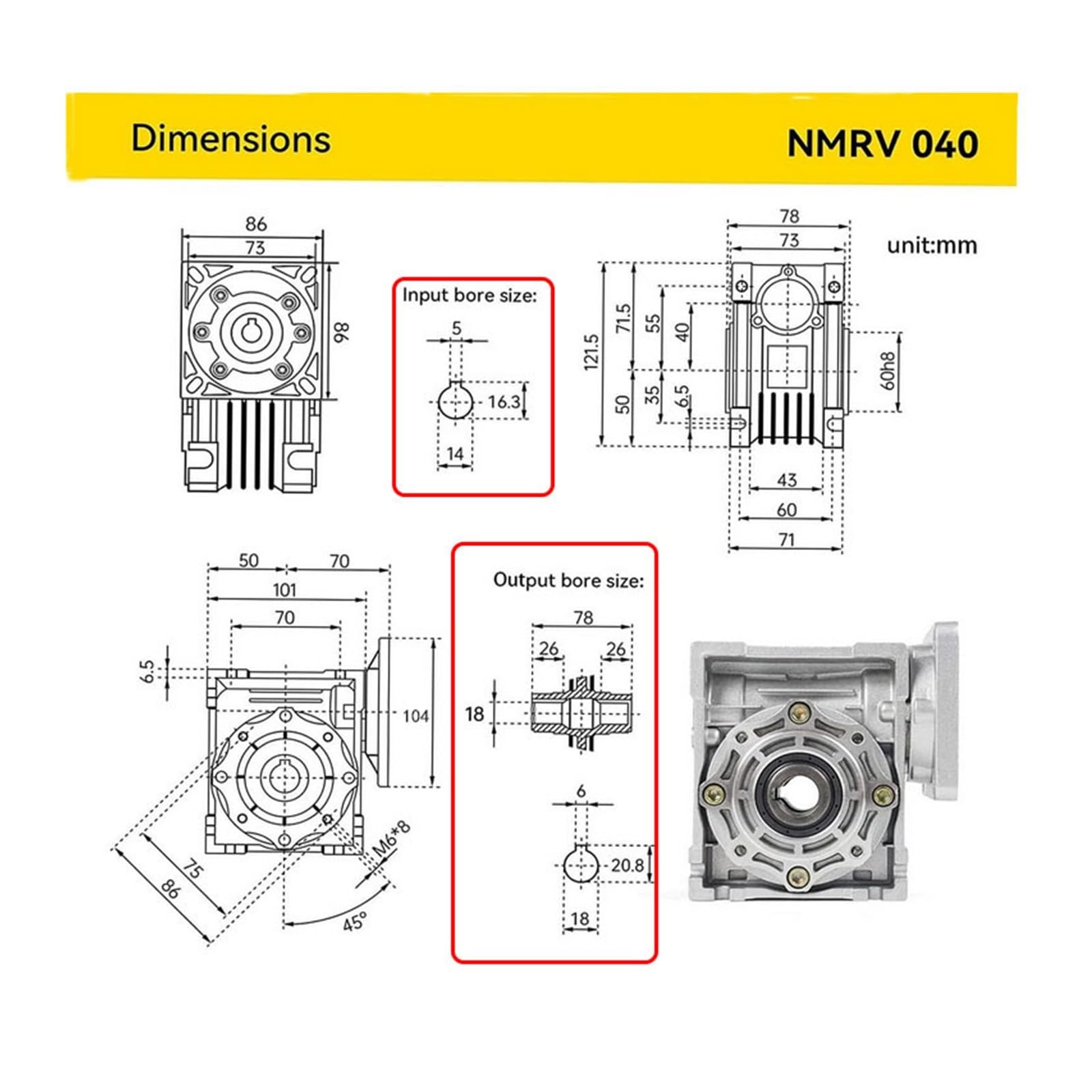 Caja reductora NMRV040, compatible con PFDE, eje de 14 mm