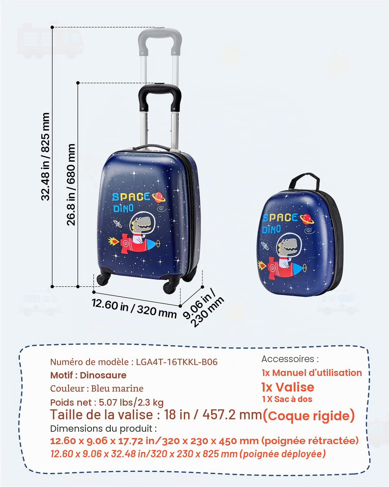 VEVOR Valise Enfant 32x23x45 cm Bagage Enfant 2 PCS avec Valise Cabine à roulettes Pivotantes pour Enfants Fille Garçon et Sac à Dos Motif Dinosaure Coque Rigide, Approuvée par Compagnies Aériennes