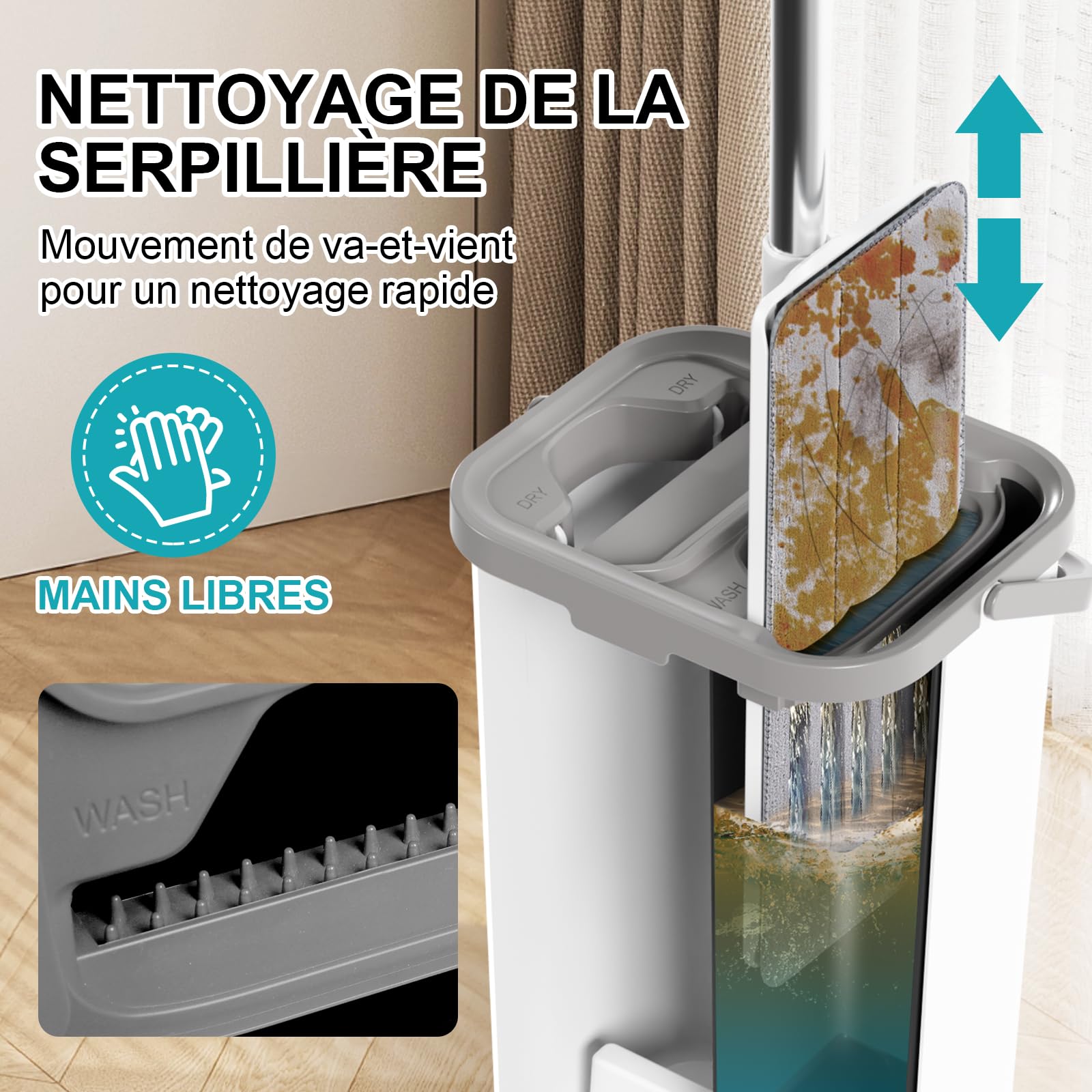 Masthome Serpillière Seau Essoreur 2 en 1, Balai Plat Microfibre avec Manche INOX 140cm, Tête Rotative 360°, 4 Recharges Réutilisables, Nettoyage Hygiénique pour Tous Sols