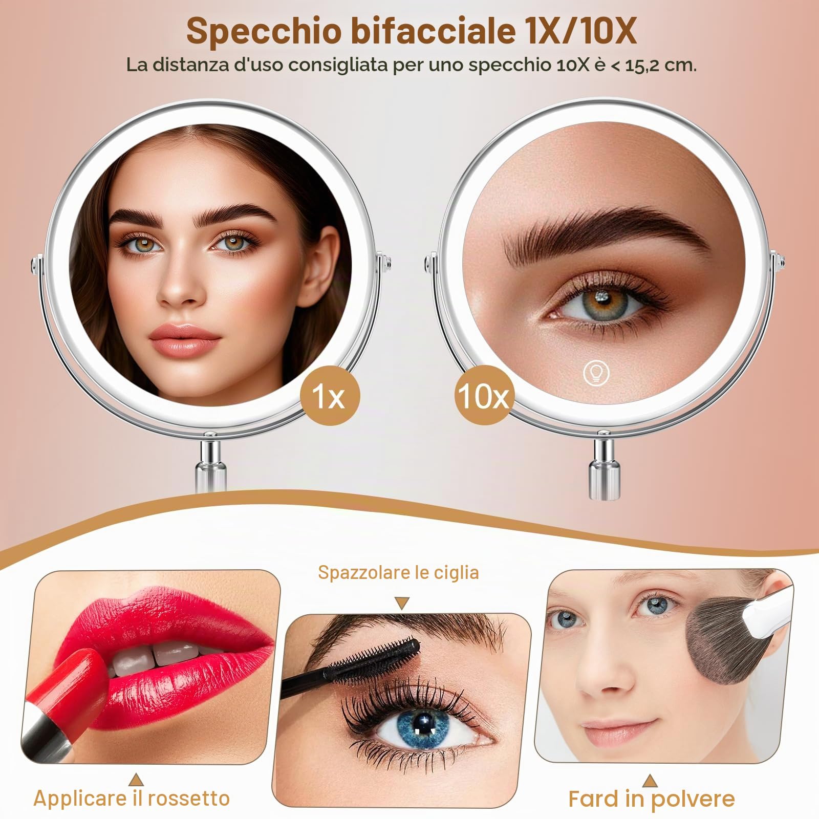 SURFOU Specchio Trucco con Luci 8“ Ricaricabile, Doppia Faccia con Ingranditore 10X/1X, 3 Modalità Luce LED, Altezza Regolabile e Rotazione 360°, per Camera da Letto e Viaggio