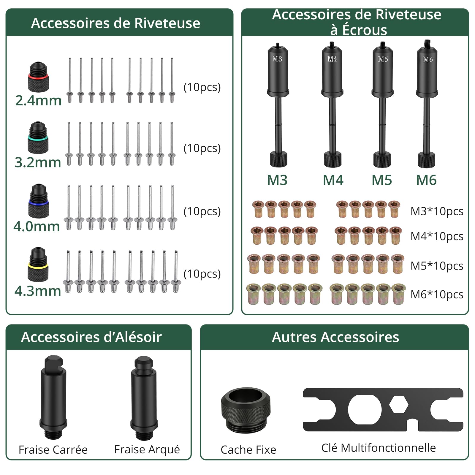 JiGiU Pince à Insert Fileté 3 en 1 avec Tête Pivotante à 360° | Pistolet à Écrou Professionnelles, avec 4 Tête de Rivet Mandrins Métriques et 2 Mandrins d'Alésage, 40 Rivets et 40 Écrous