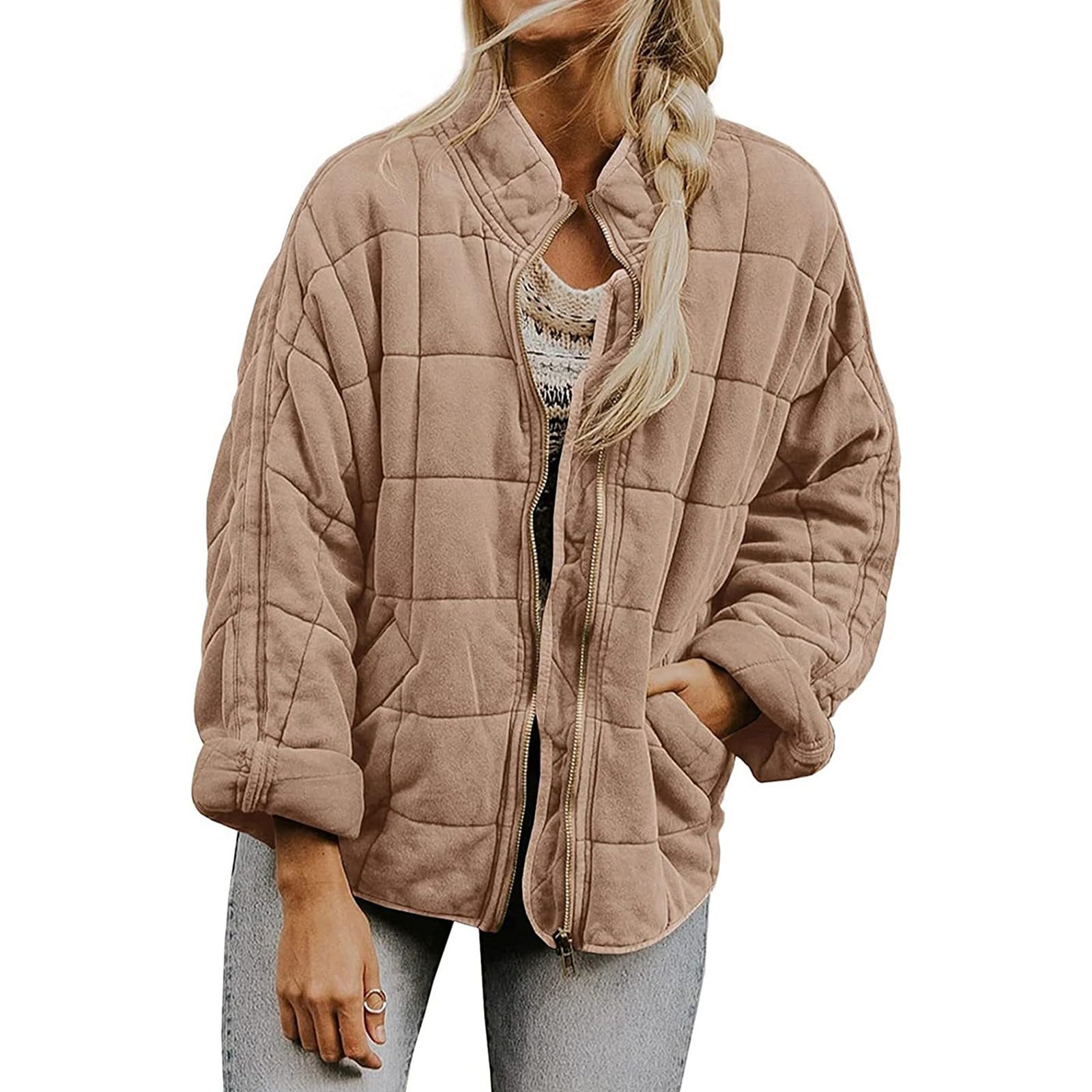 Women's Lightweight Quilted Jacket Zip Up Long Sleeve Stand Neck Puffer Jacket Warm Winter Padded Coat Outwear