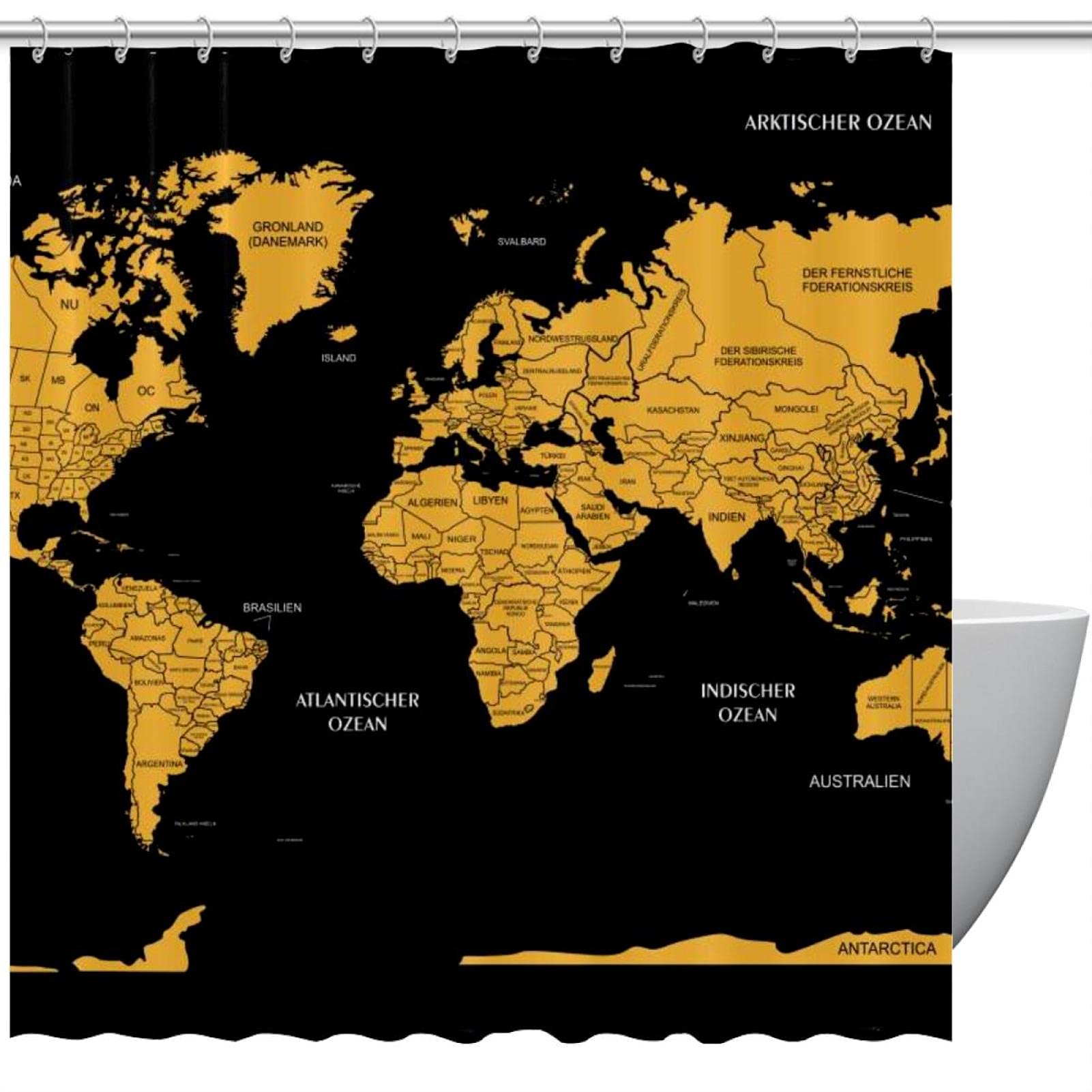Rideau de douche noir carte du monde pour s'évader chaque matin