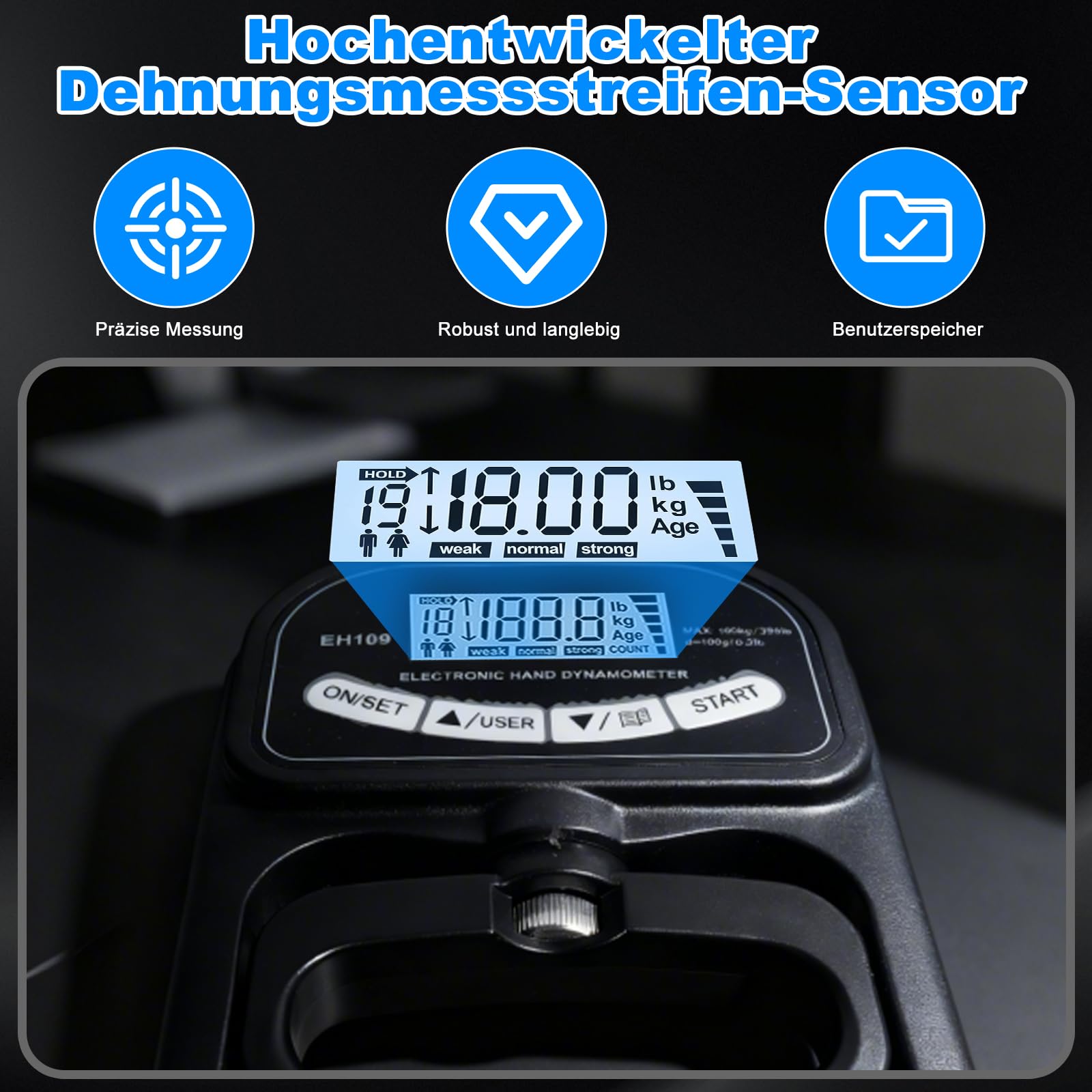 Digitales Griffkraft Messgerät, 396 Lbs/180 Kg Hand Dynamometer, Schwarzes Handkraftmessgerät, Griffkraft Trainer Mit Lcd-Display, Grip Strength Trainer Mit USB-Ladekabel Und 19 Aufzeichnungsgruppen