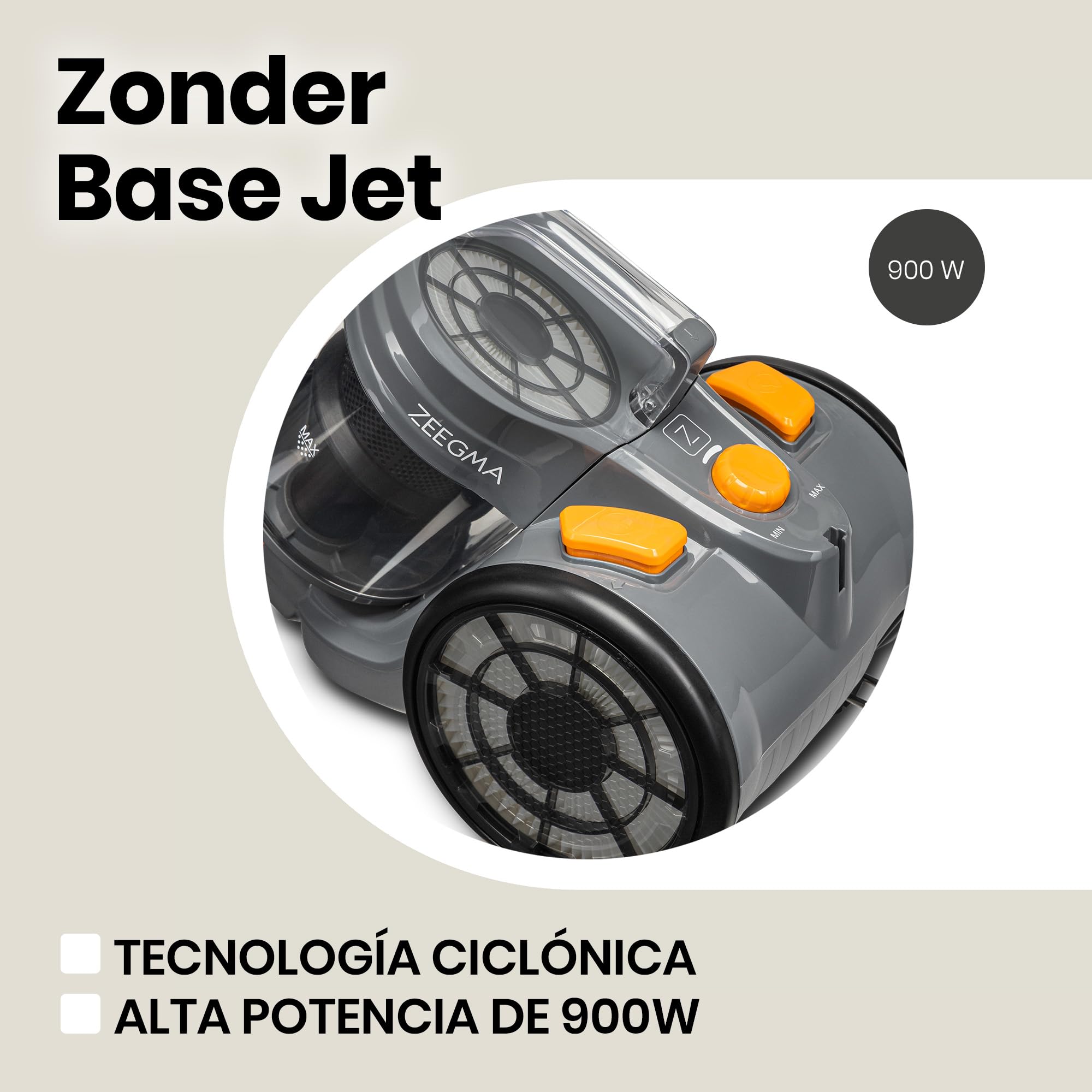 Zeegma Zonder Base Jet Aspirador sin Bolsa con Juego de Accesorios Tecnología Cyclone Potencia de Salida PowerSuction Cepillo Turbo de 899W vatios 2 contenedor de Polvo con Filtro HEPA 2L, Negro | Potencia de succión 899 W, 2 filtros HEPA lavables, recipi