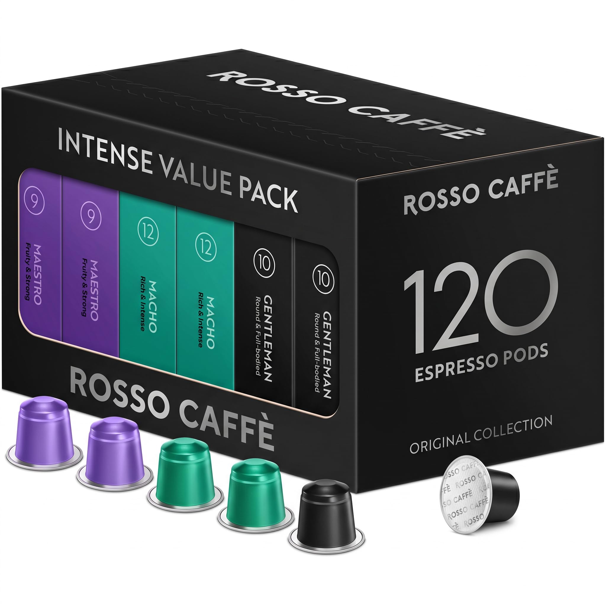 Rosso Caffè Extra Dark Roast Variety Pack: 120 saszetek do kawy, 3 smaki, kompatybilny z ekspresem do kawy Nespresso, aluminiowe kapsułki