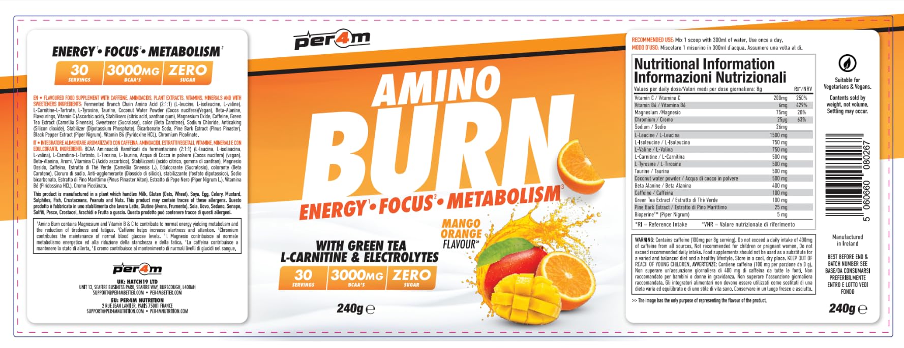 Per4m EAA Xtra, alle 9 essentiellen Aminosäuren, fördert Muskelproteinsynthese & Regeneration, reduziert Muskelkater, als Intra- & Post-Workout-Drink für Sportler & Athleten – Mango-Orange – 240g