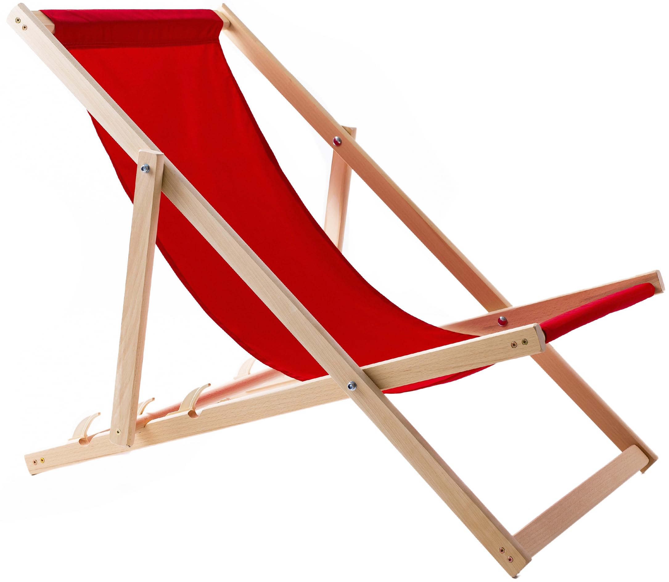 WOODOK Tumbona plegable de madera, silla de playa de madera de haya, hasta 120 kg, sin reposabrazos, respaldo regulable en 3 niveles (rojo)