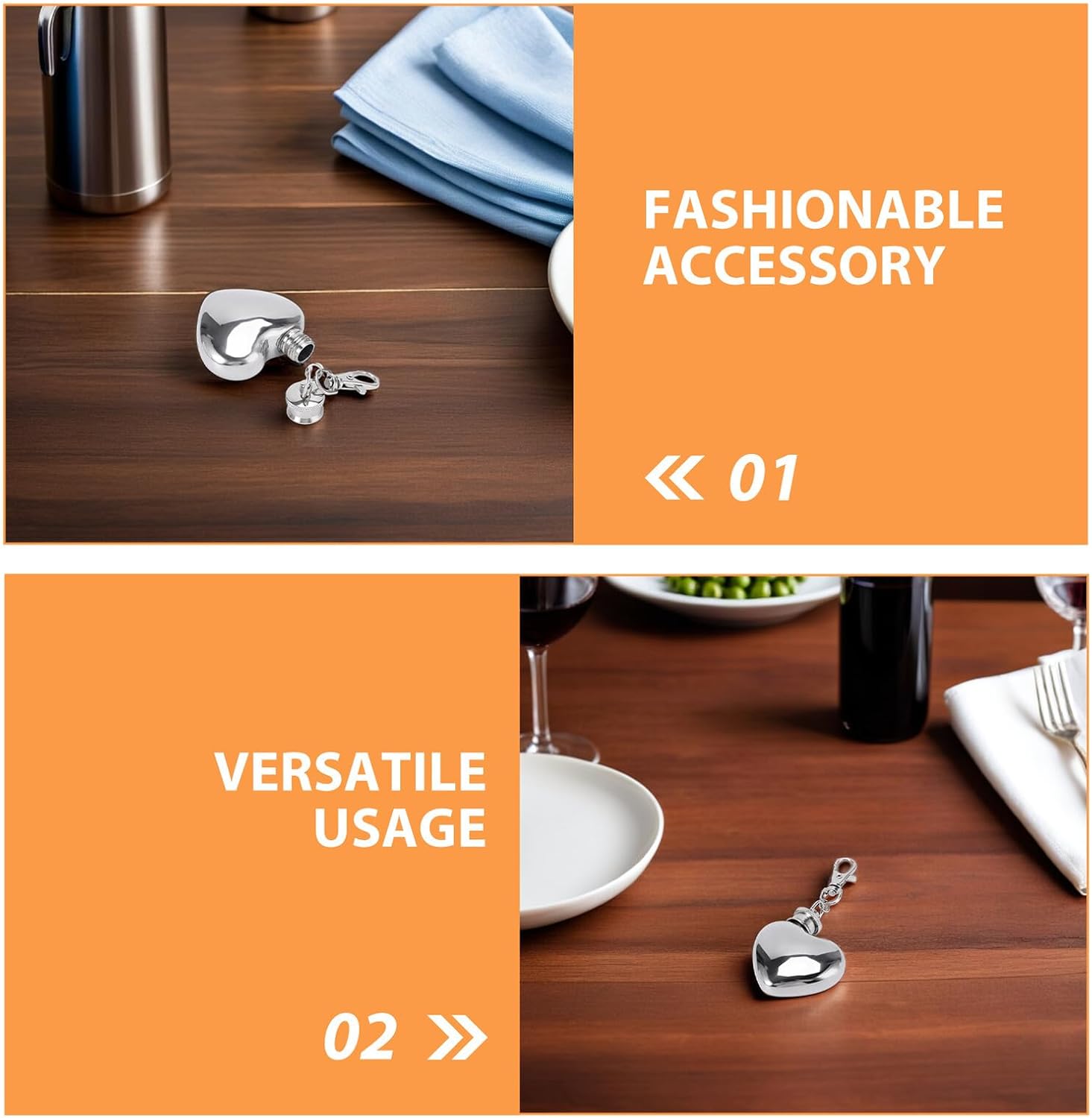 STOBAZA 8pcs Mini Heart Shaped Hip Flasks Keychain 30ml Stainless Steel Portable Pocket Flask for Outdoor Camping and Picnic