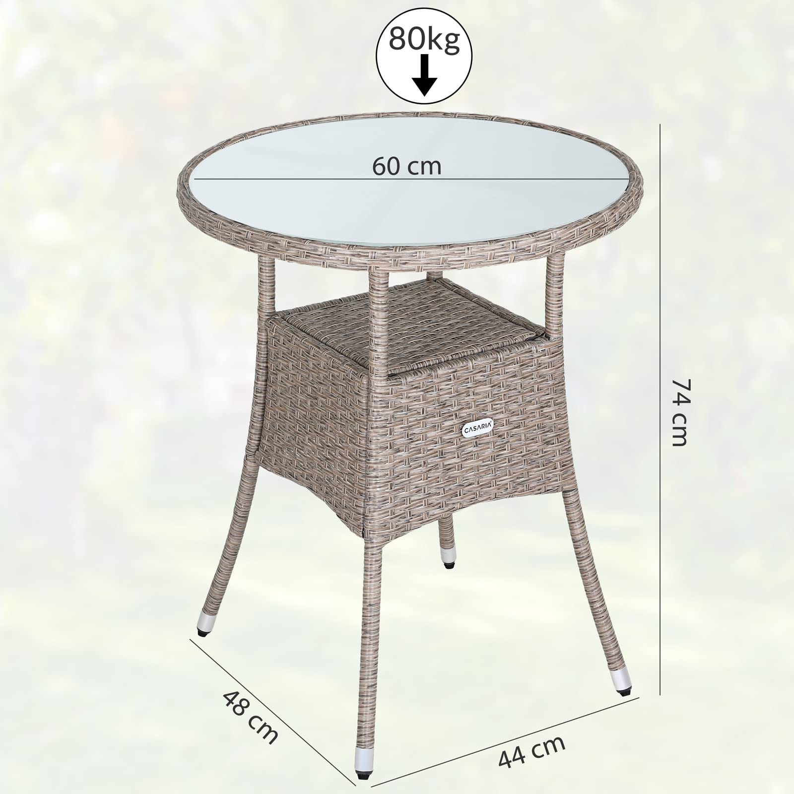 Casaria Tavolo Rotondo da Giardino Polyrattan Ø60 Piano in Vetro 5mm Altezza Regolabile