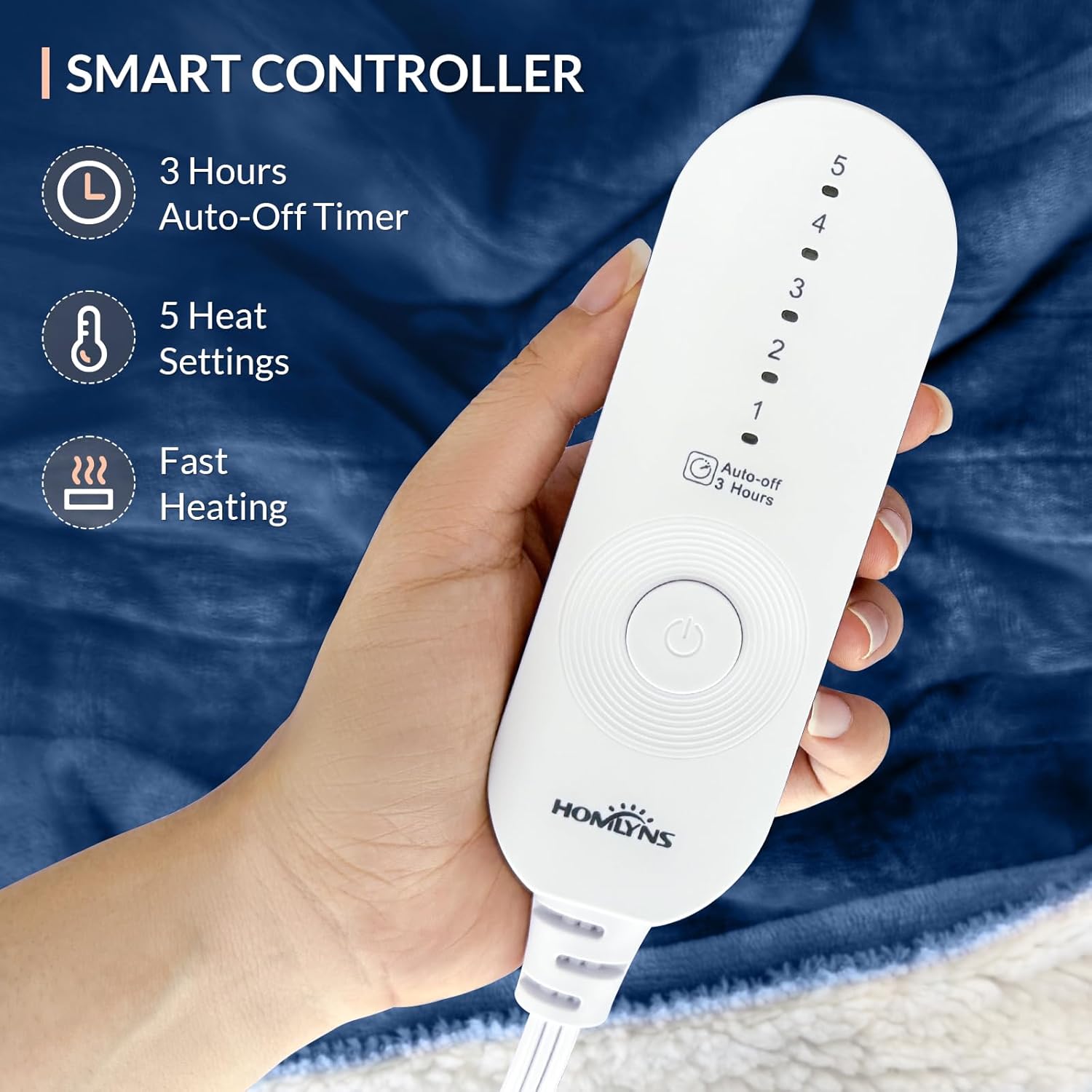 HOMLYNS LuxeHeat Heated Blanket Electric Blanket, Soft Flannel Sherpa Heated Throw, Heating Blanket with 5 Heat Settings, 3 hrs Timer Auto Shut Off (50x60 inches, Navy) - Image 2