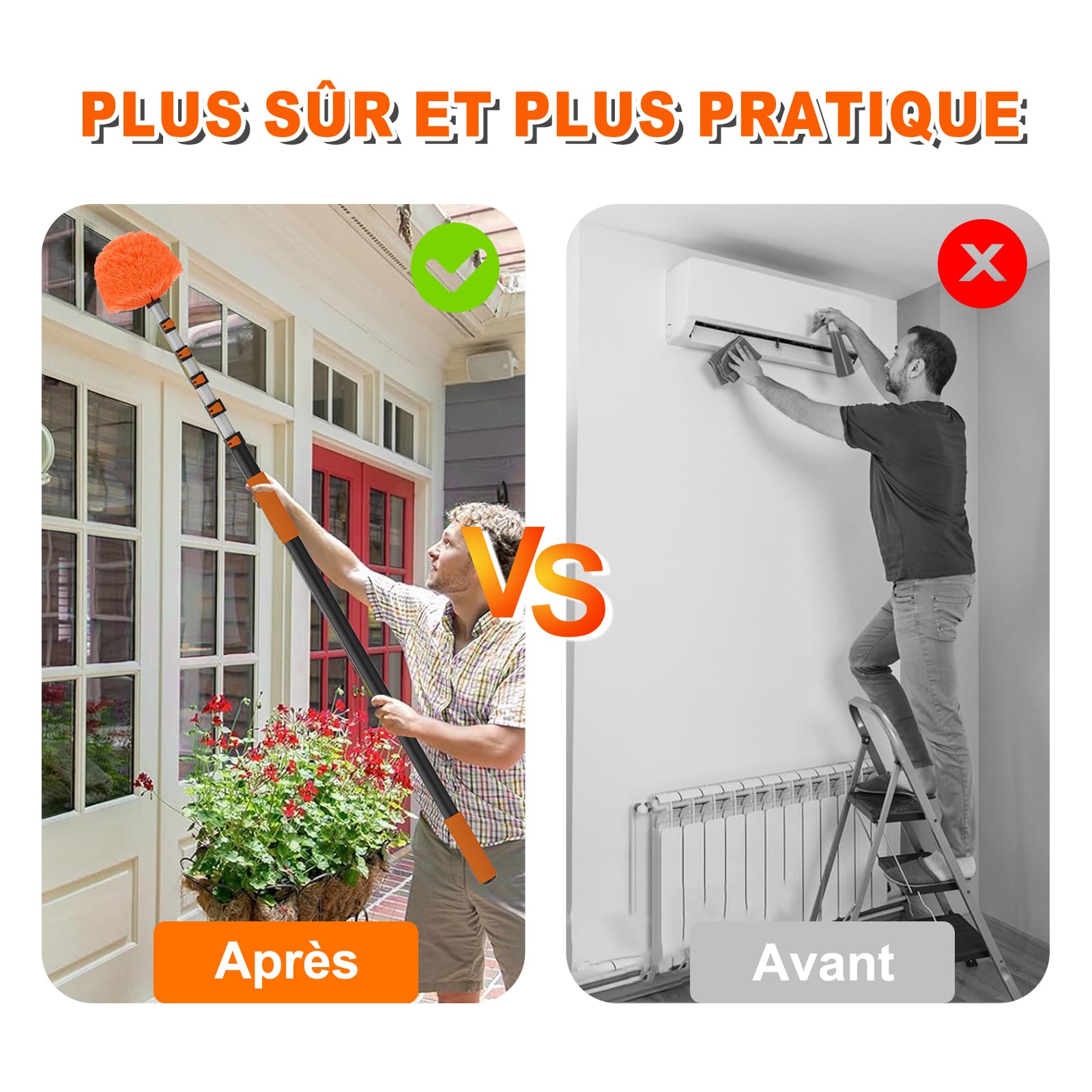 SISUPASSIE Plumeau Télescopique 7,2m, Tête de Loup avec Perche Télescopique, Plumeau Poussière pour Le Nettoyage des Plafonds, des Fentes et des Meubles