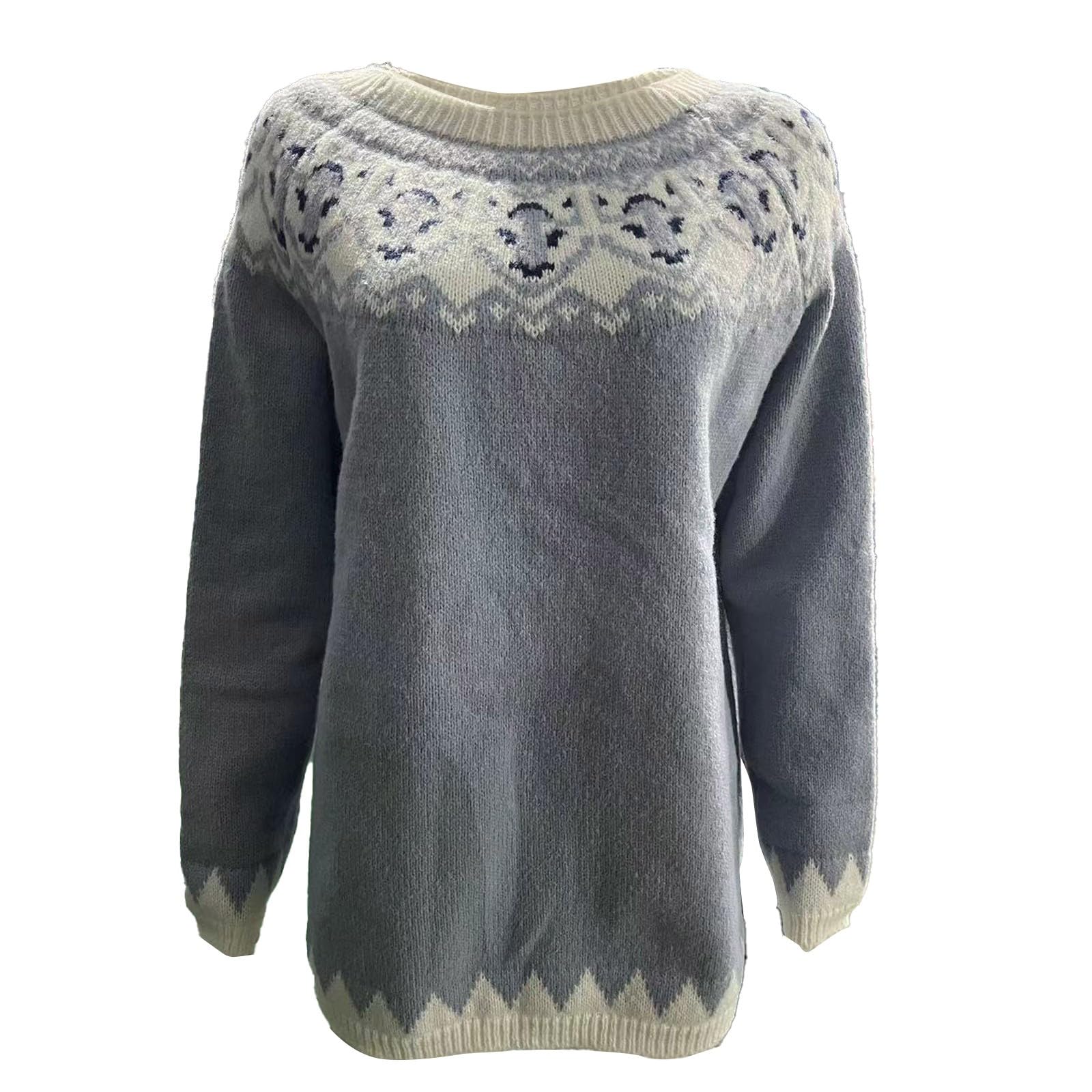 Norweger Pullover Damen, Fair Isle Pullover Damen Elegant Rundhals Pullover Basic Langarmshirt Bunte Strickpullover Casual mit Aufdruck GroßE GrößEn Warm Winter Jumpers