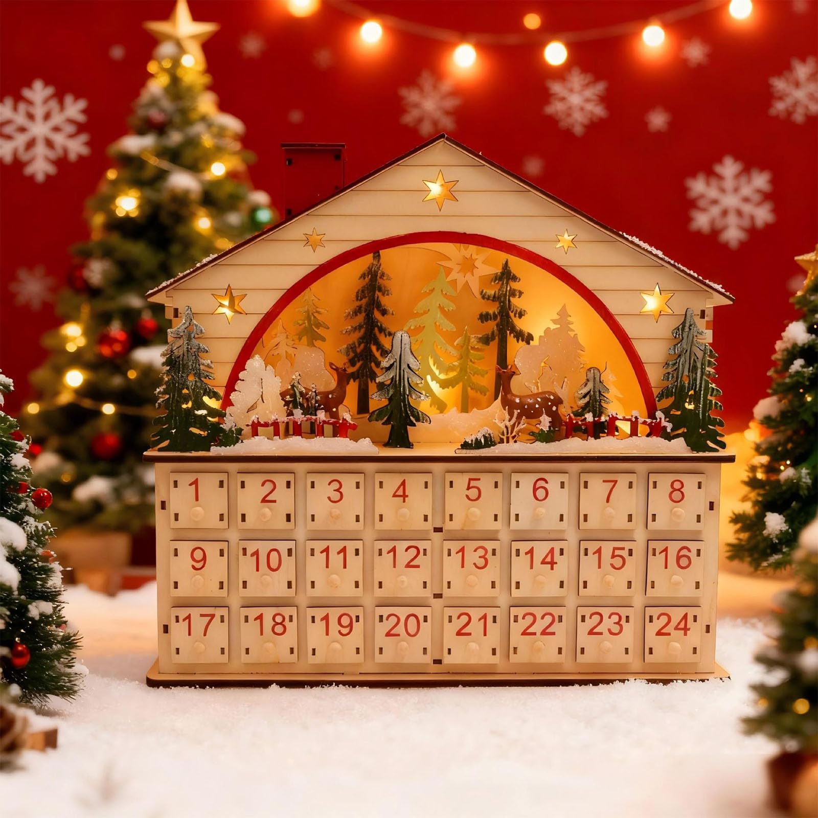 Calendario de Adviento de Navidad de madera fácil de usar con luces LED, batería de energía, cuenta regresiva, exhibición de cuentas regresivas, decoración del hogar de Navidad LED