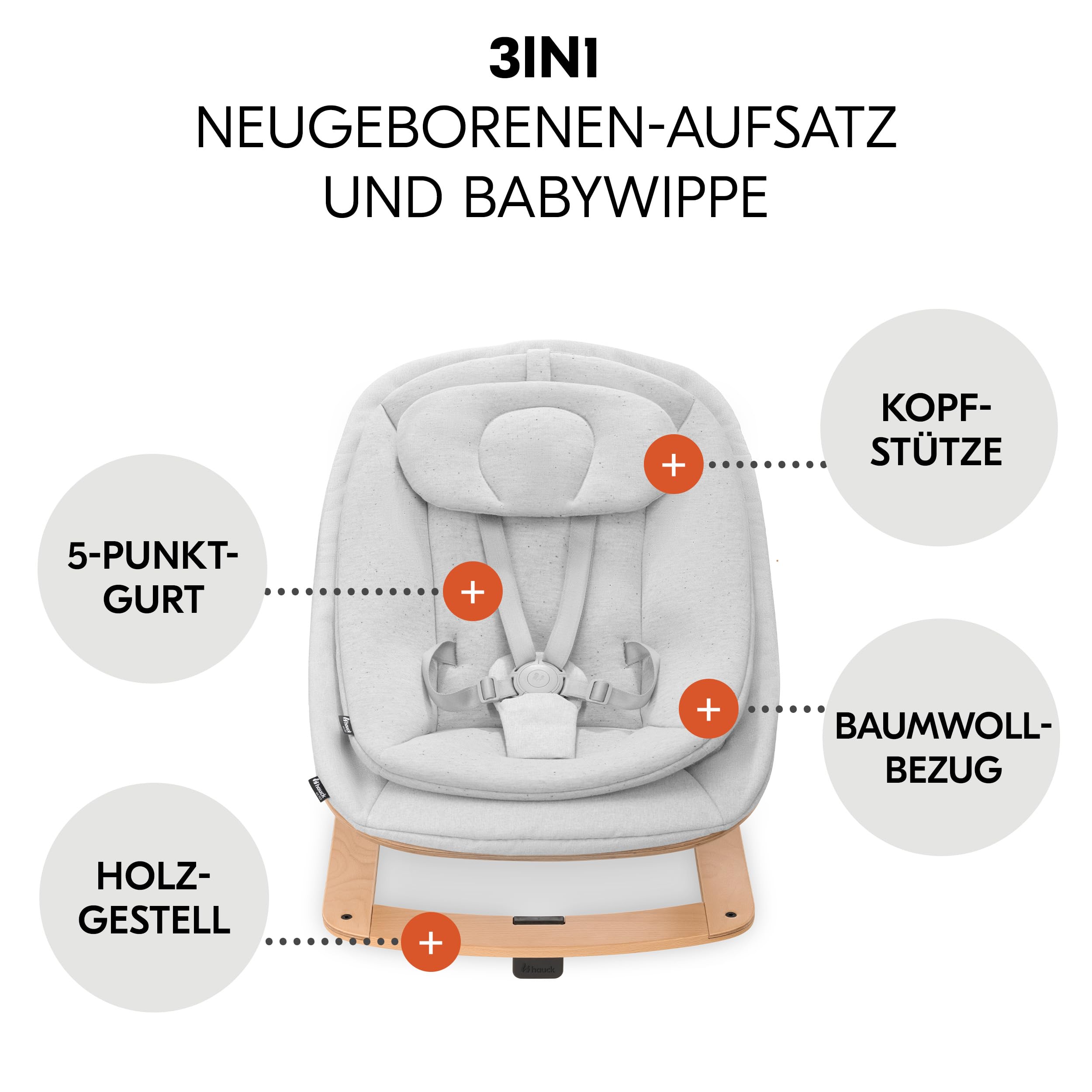 hauck Beta+ Hochstuhl Newborn Set mit Eco Bouncer - Natural | Mitwachsender Holz Kinderhochstuhl mit Rollen ab Geburt bis 90 kg | inkl. Neugeborenenaufsatz, Essbrett & Sitzkissen