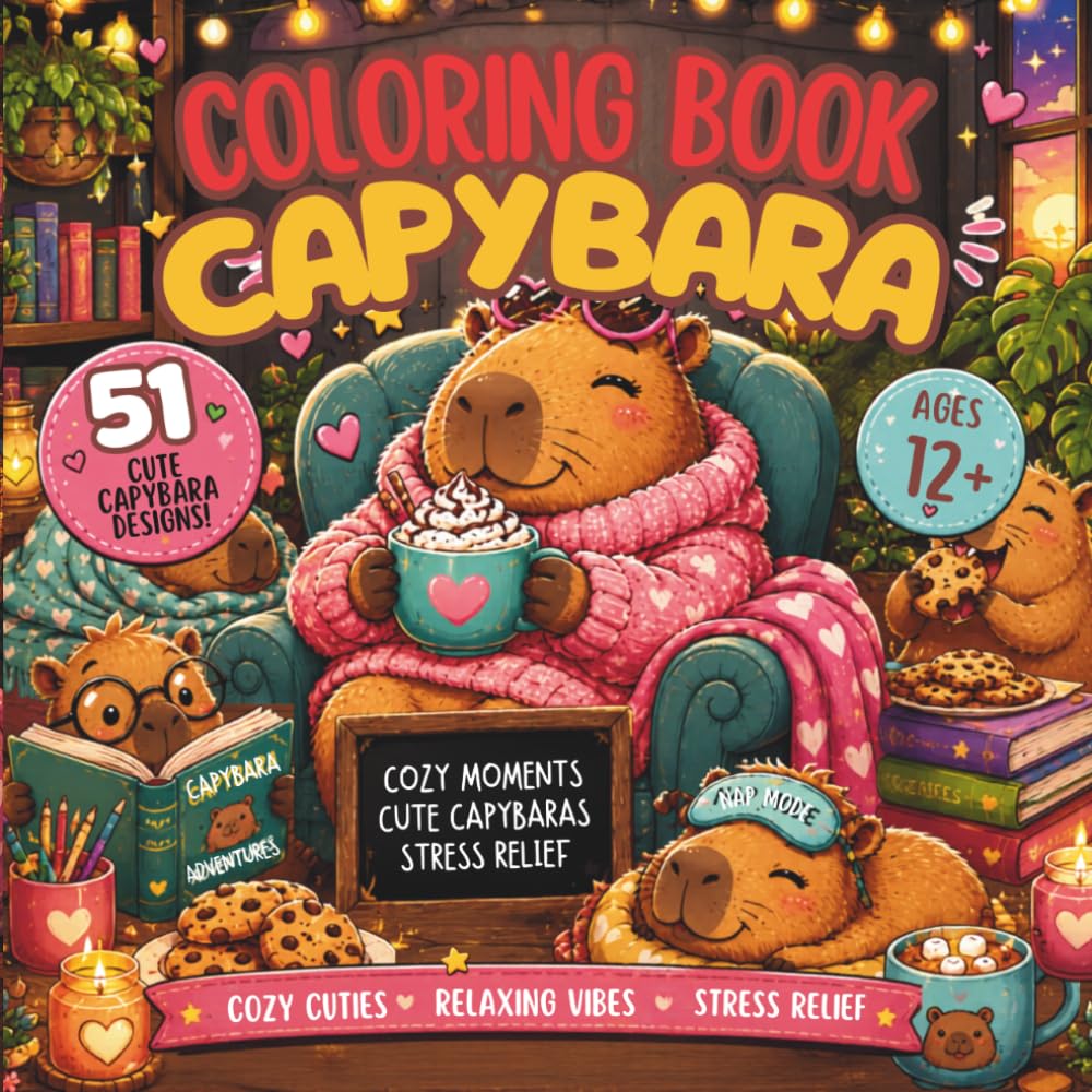 Capybara Coloring Book: Cute and Comfy Capybara Designs for Adults and Teens with Cozy Cuties, Relaxing Vibes and Stress Relief