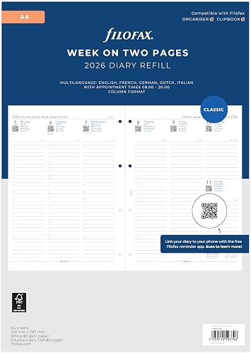 Filofax A4 week on two pages 5 language appointments 2026 diary 26-68714