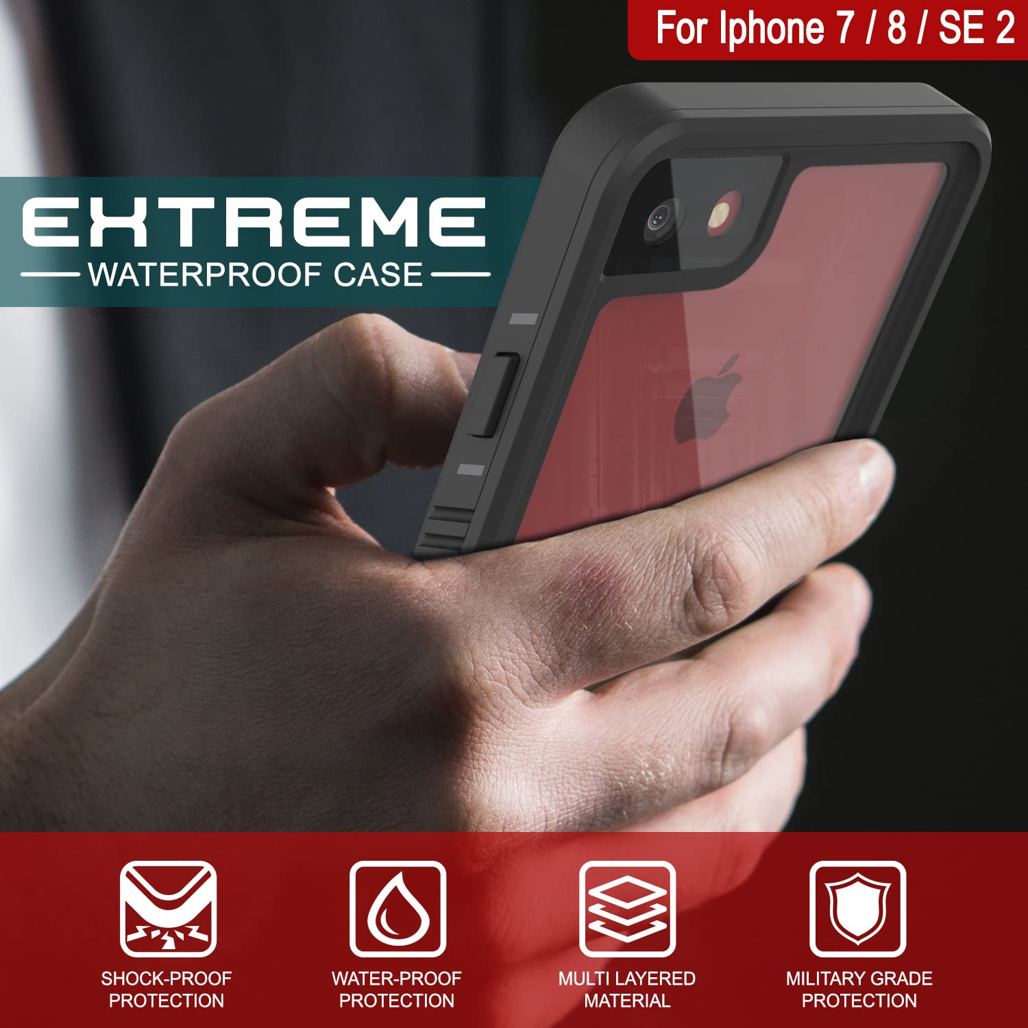 Punkcase Schutzhülle für iPhone SE 2020, wasserdicht, extreme Serie, schmale Passform, schneefest, mit integriertem Displayschutz für iPhone SE 2020 (4.7 Zoll) (2020) (2020) (schwarz)