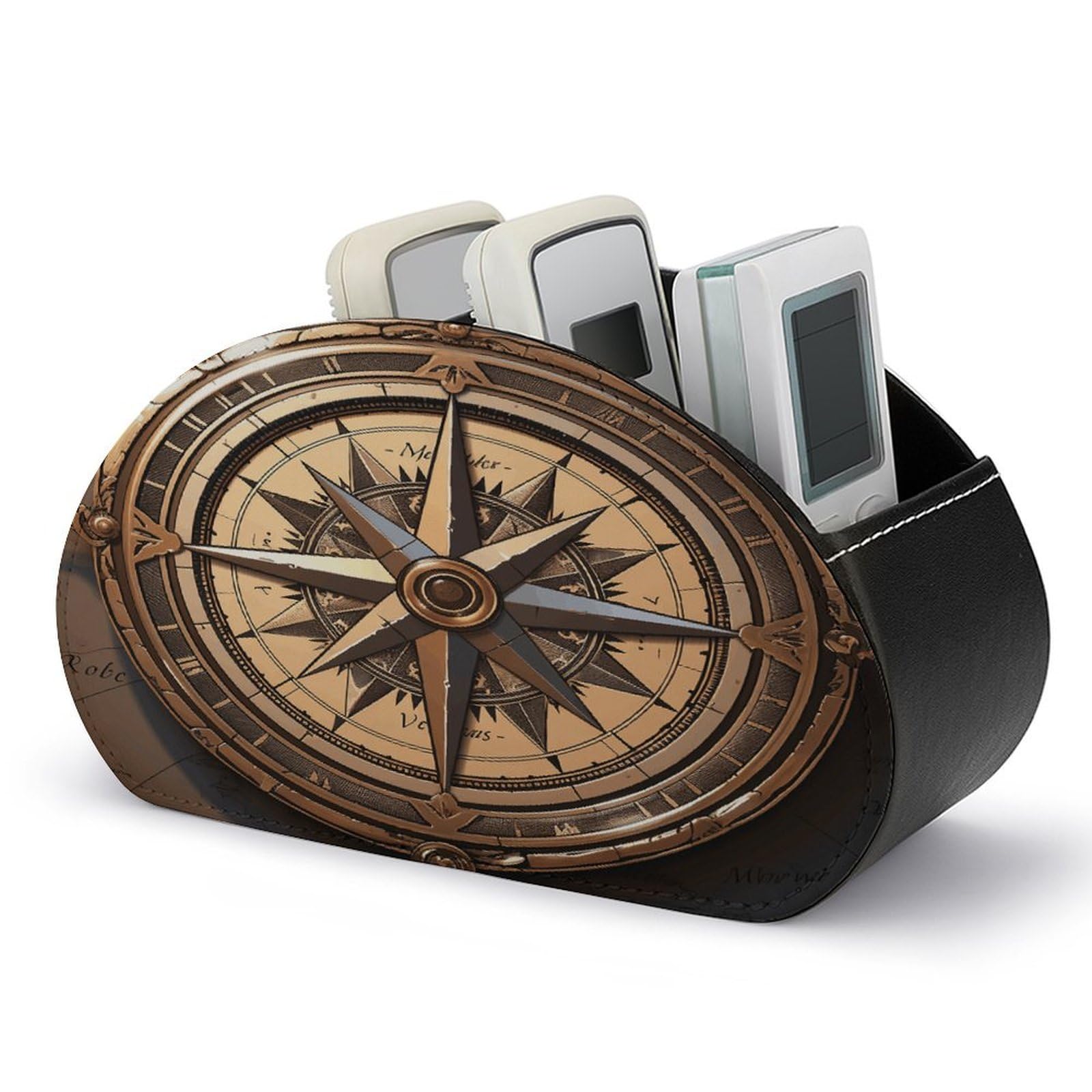 VstaDank Compass Wind Road Map Remote Control Holder with 5 Compartments PU Leather TV Remoter Caddy Desktop Organizer TV Remote Holder Remote Box for Media Controllers Office Supplies