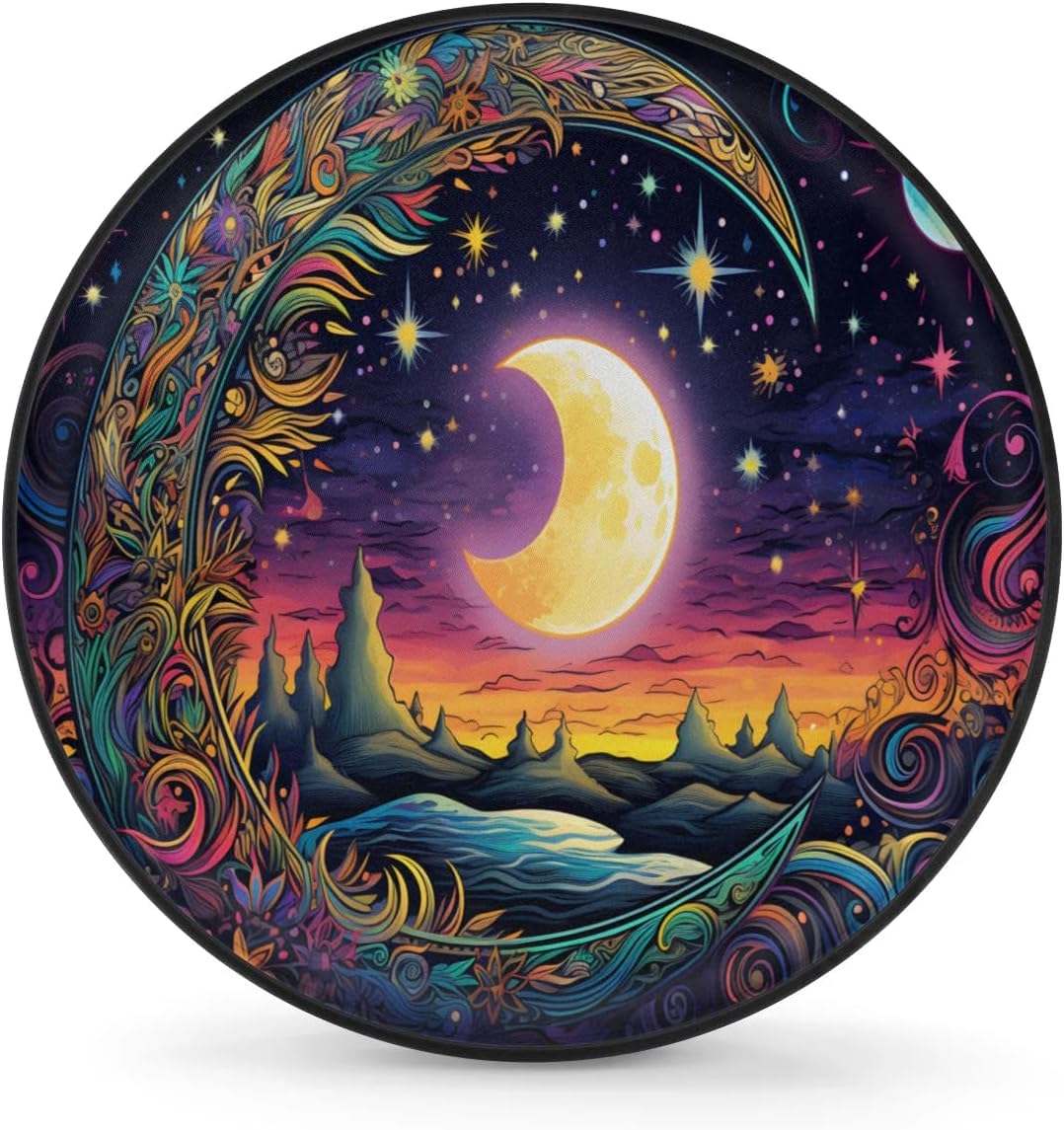 Spare Tire Cover for RV Trailer, Bohemian Moon Tire Covers Universal Fit for Travel Trailer Camper Jeep RV SUV Truck Waterproof Wheel Cover (17 inch for Diameter 31” - 33”)