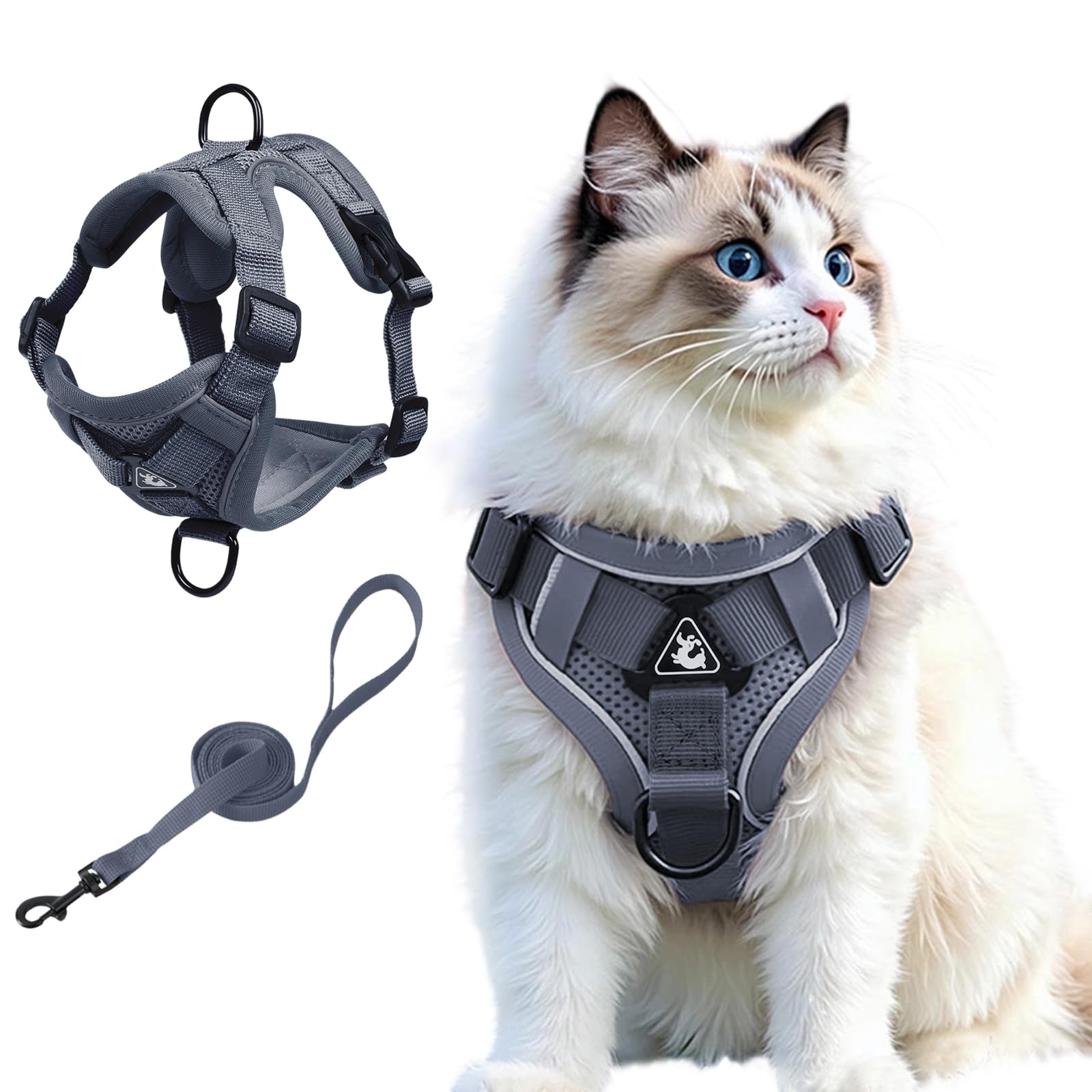 Cat Harness and Leash Set, Upgraded Escape Proof Adjustable Vest with Lead for Kitten Puppy Outdoor Walking, Soft Breathable Mesh Jacket with Reflective Strips for Dark Night, M, Gray