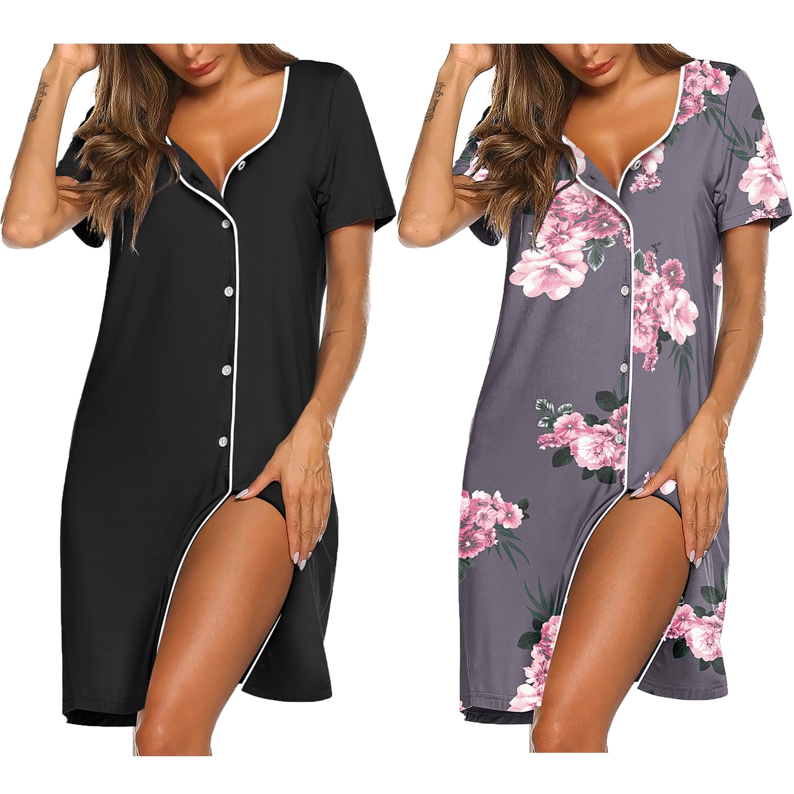Ekouaer Confezione da 2 camicie da notte da donna con bottoni, maniche corte, scollo a V, camicia da notte morbida, abito da salotto S-XXXL