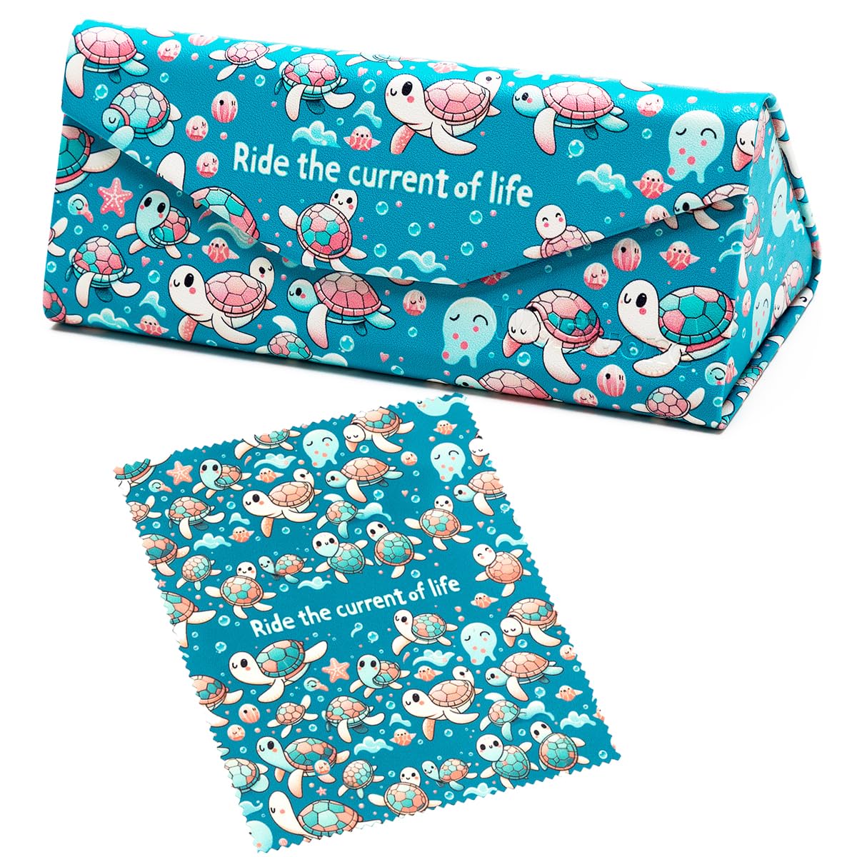 WoEluone Cute Cartoon Eyeglass Case Triangle Foldable Magnet Closure Sunglasses Case Holder and Matching Eyeglass Cloth, Tortoise, S