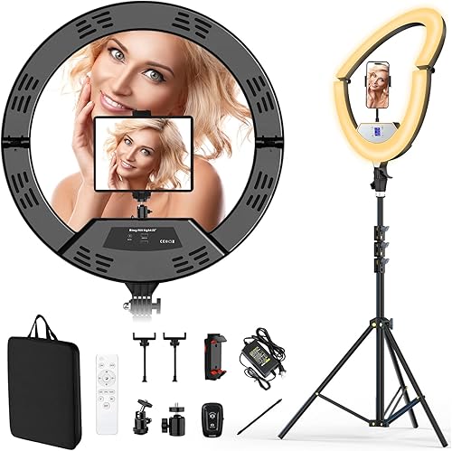 Anillo de luz LED plegable de 22 pulgadas con soporte sĂşper para telĂ©fono, anillo de luz regulable para selfie con soporte de trĂpode de 75 Anillo de luz LED plegable de 22 pulgadas con soporte sĂşper para telĂ©fono, anillo de luz regulable para selfie con soporte de trĂpode de 75