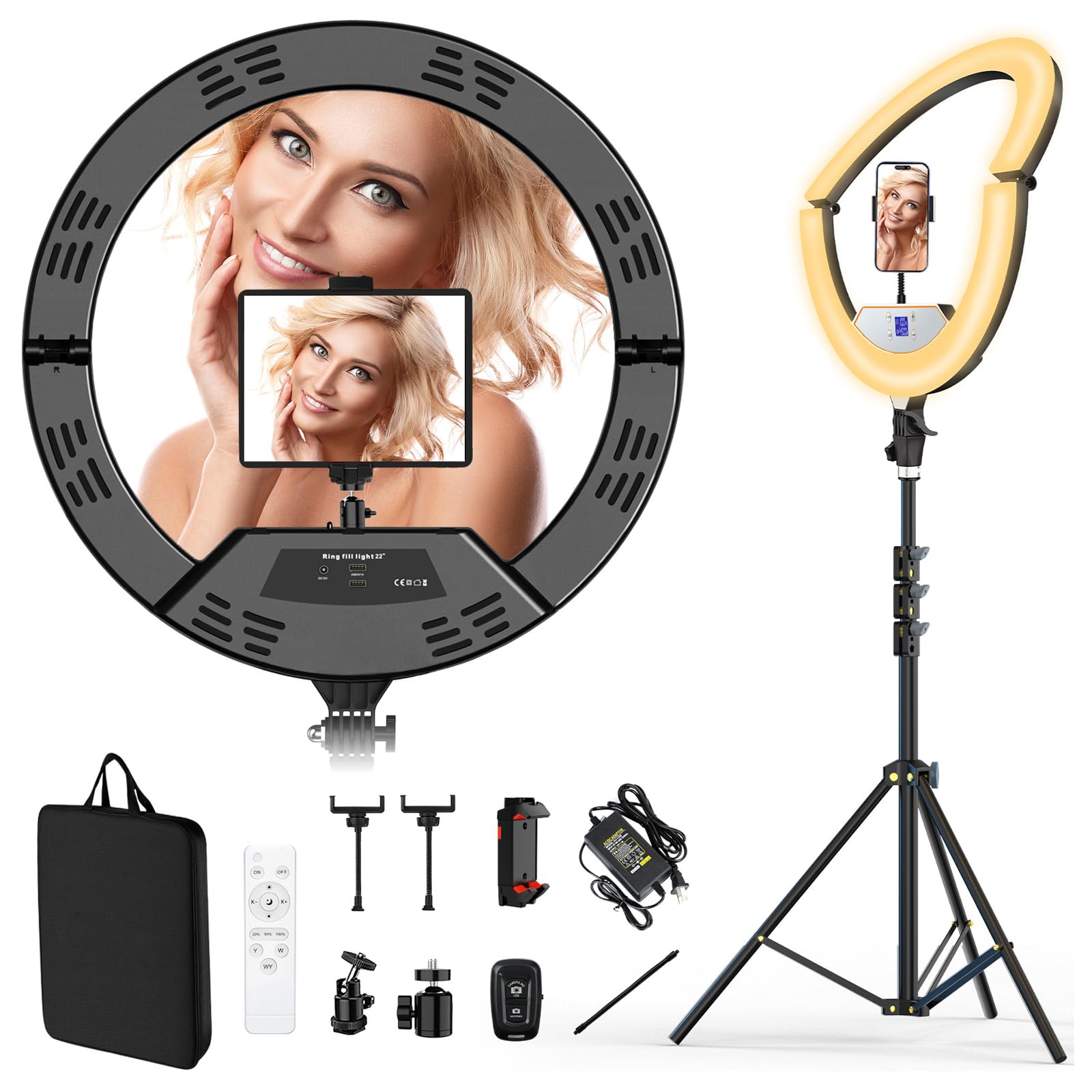 22" Large Ring Light with Stand,Foldable LED Big Ring Light Tripod for iPhone Phone Ipad, 75" Tall Tripod Touch Screen,Wireless Remote for Live Stream,YouTube,TikTok Video Shooting