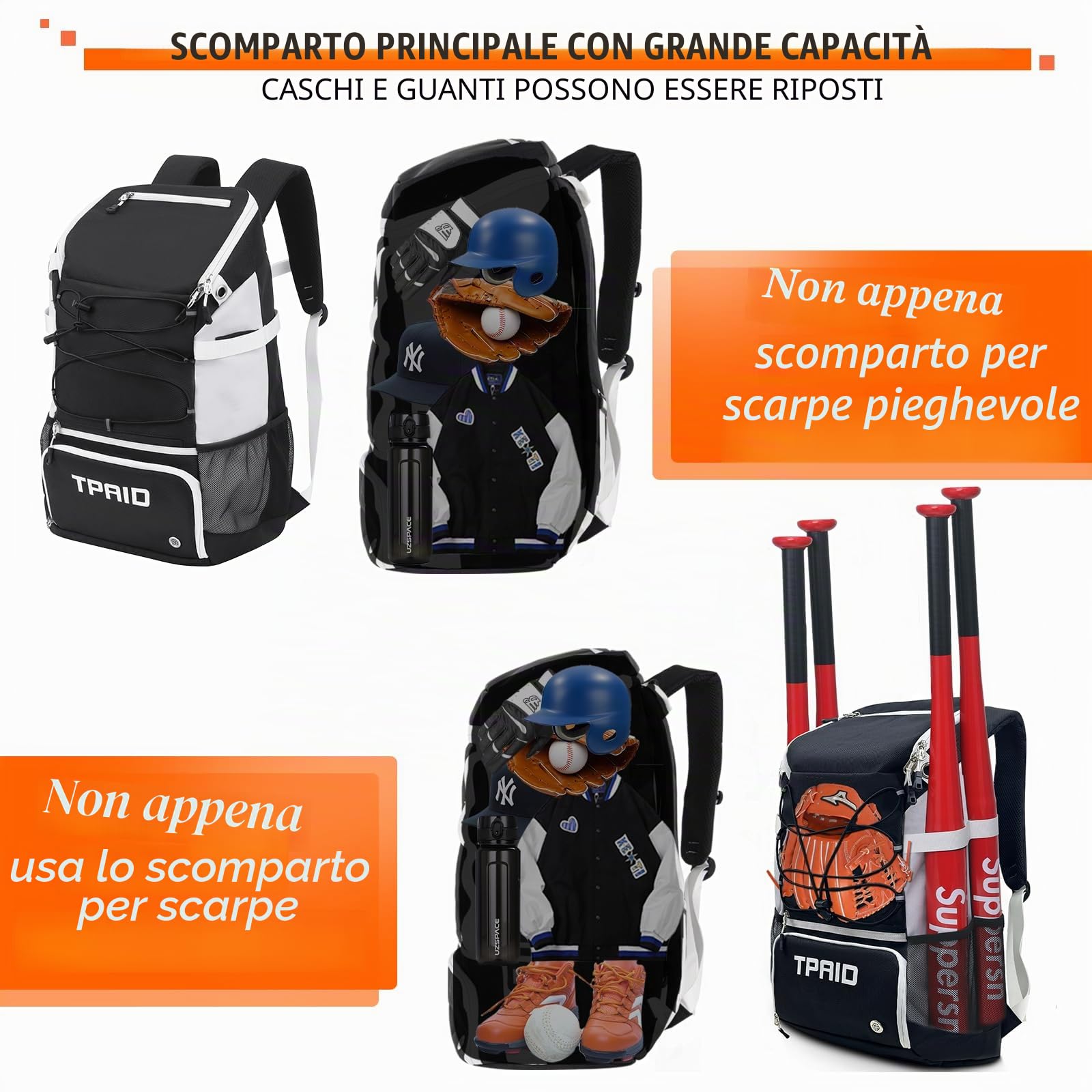 KINGSLONG Borsa da baseball Zaino da baseball per giovani e adulti con scomparto per scarpe impermeabile Softaball Borsa per mazze da baseball, T-Ball e softball, supporto esterno per guanti e casco