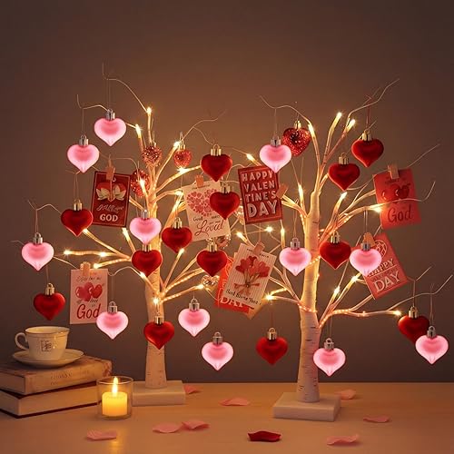 2 piezas de árbol de mesa de flores de bayas artificiales iluminadas de San Valentín de 21 pulgadas de alto, árbol de mesa brillante para decoración