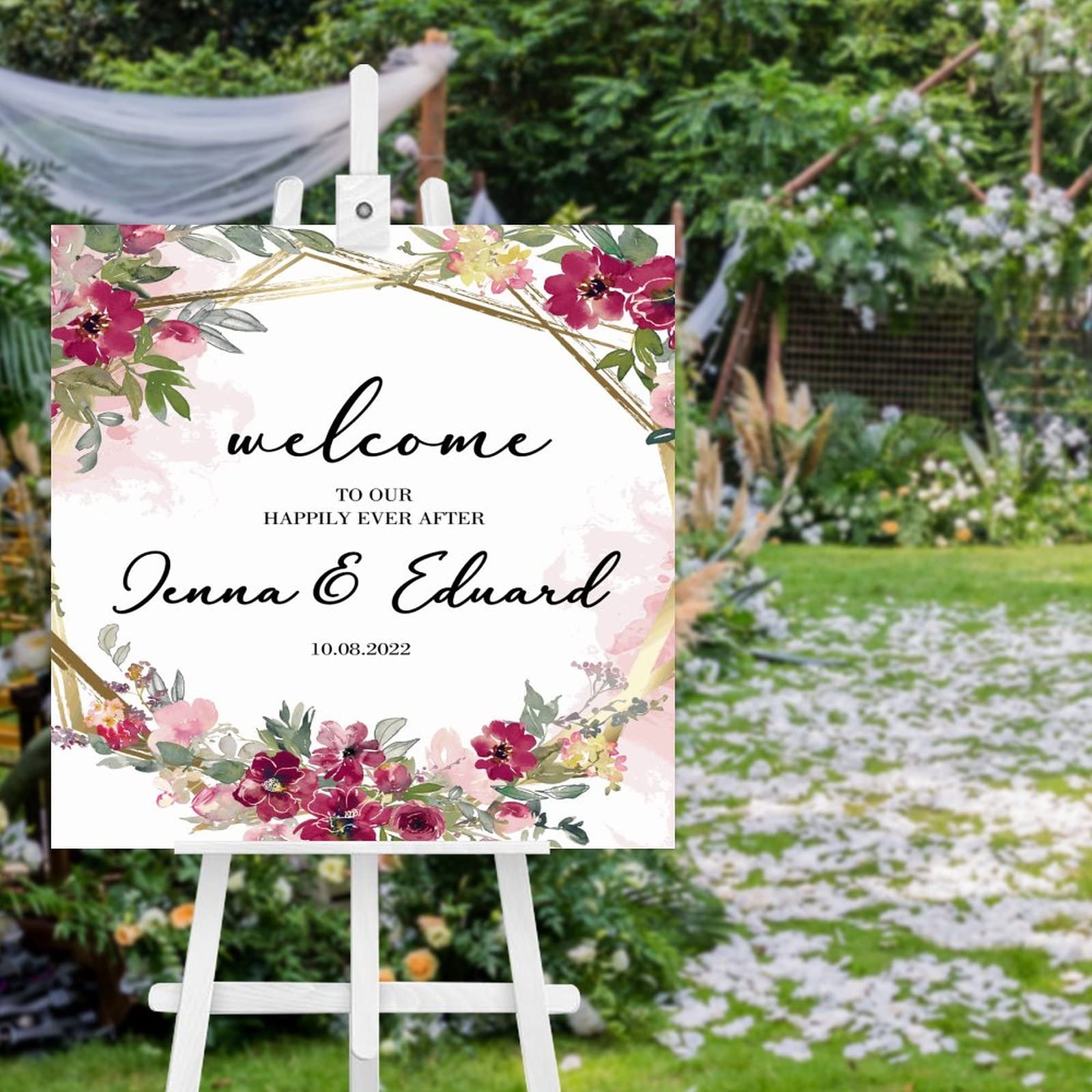 Pancarte de mariage personnalisée roses pour l'entrée des invités