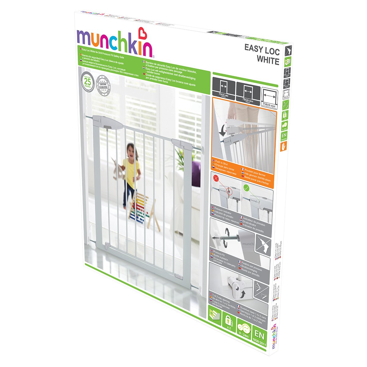 Munchkin Barrière de Sécurité Easy Loc Bébé & Tout-Petits | Barrière de Sécurité Large pour Escaliers & Portes | Installation Facile sans Vis | 73-79cm | Blanche