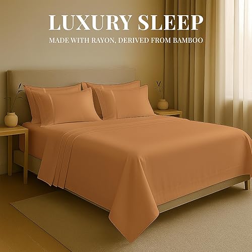 Miniatura 2 de Juego de sábanas de rayón de 6 piezas de bambú, juego de ropa de cama y fundas de almohada con bolsillos profundos, ropa de cama sedosa de hotel,