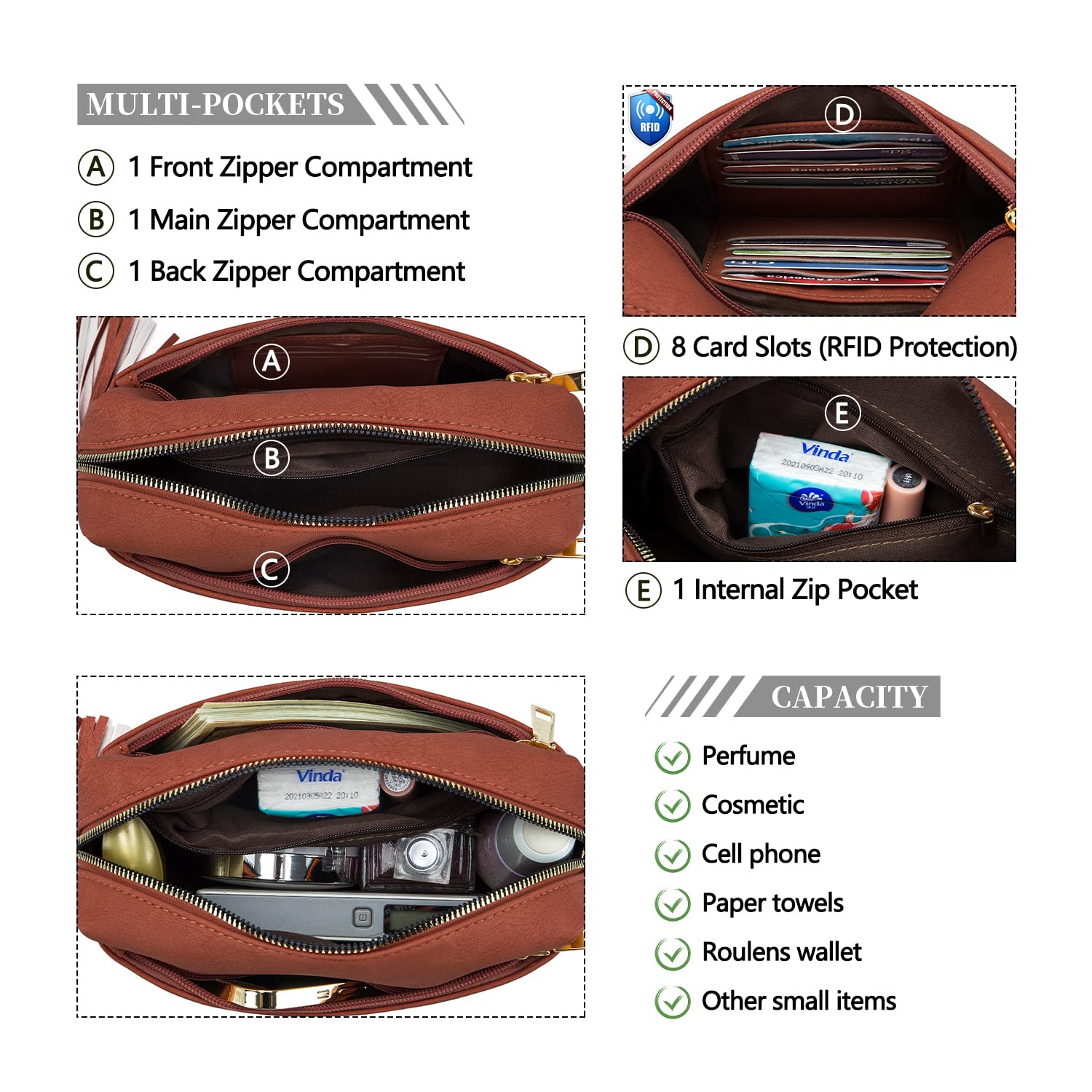 Roulens Piccola Borsa a Tracolla Donna con 3 Scomparti Capienti,Borsa Mano PU Pelle Messenger Crossbody Bag,Borsa a Spalla con Tracolla Ampia Regolabile e Rimovibile