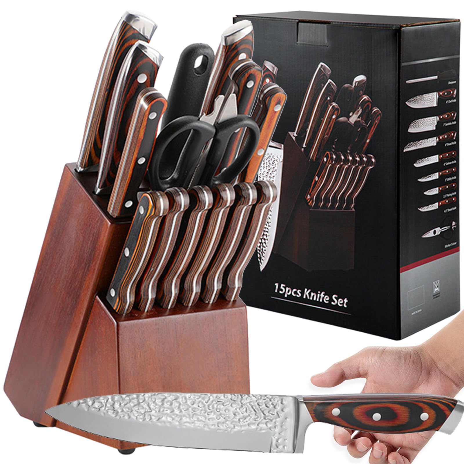 【TTQK】Kitchen Knife Set, 15 Pcs High Carbon Stainless Steel Kitchen Knives Sets Professional, hammered stainless steel knife + wooden handle, knife set with scissors and sharpener