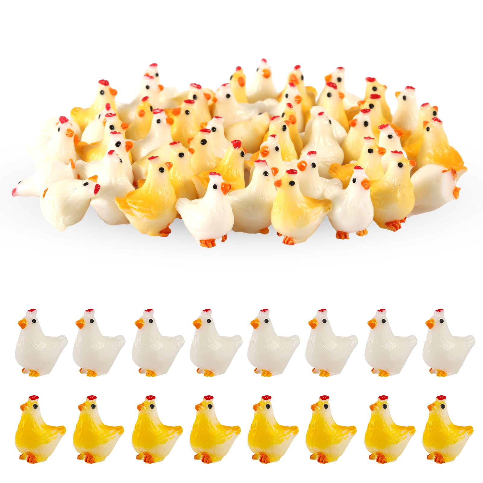 50pcs Miniature Resin Chickens, 2 Colors Mini Resin Chickens Tiny Hen Figurine Ornaments Decor for Garden Landscape Home Decoration & Birthday Party Landscape Potted Plants Cake