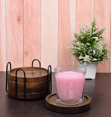 Miniatura 2 de SAMHITA Juego de 5 posavasos de madera de mango para bebidas con soporte de hierro, para vasos de bebida, protección de mesa para cualquier tipo de