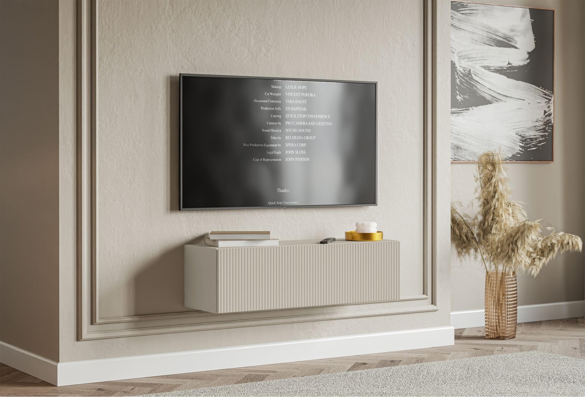 Selsey Meuble TV Suspendu 100 cm Greige Mat Design Moderne – Rangement à 2 Compartiments Façade Rainurée Idéal Déco Élégante et Contemporaine Salon/Chambre Panneau Laminé/MDF Solide