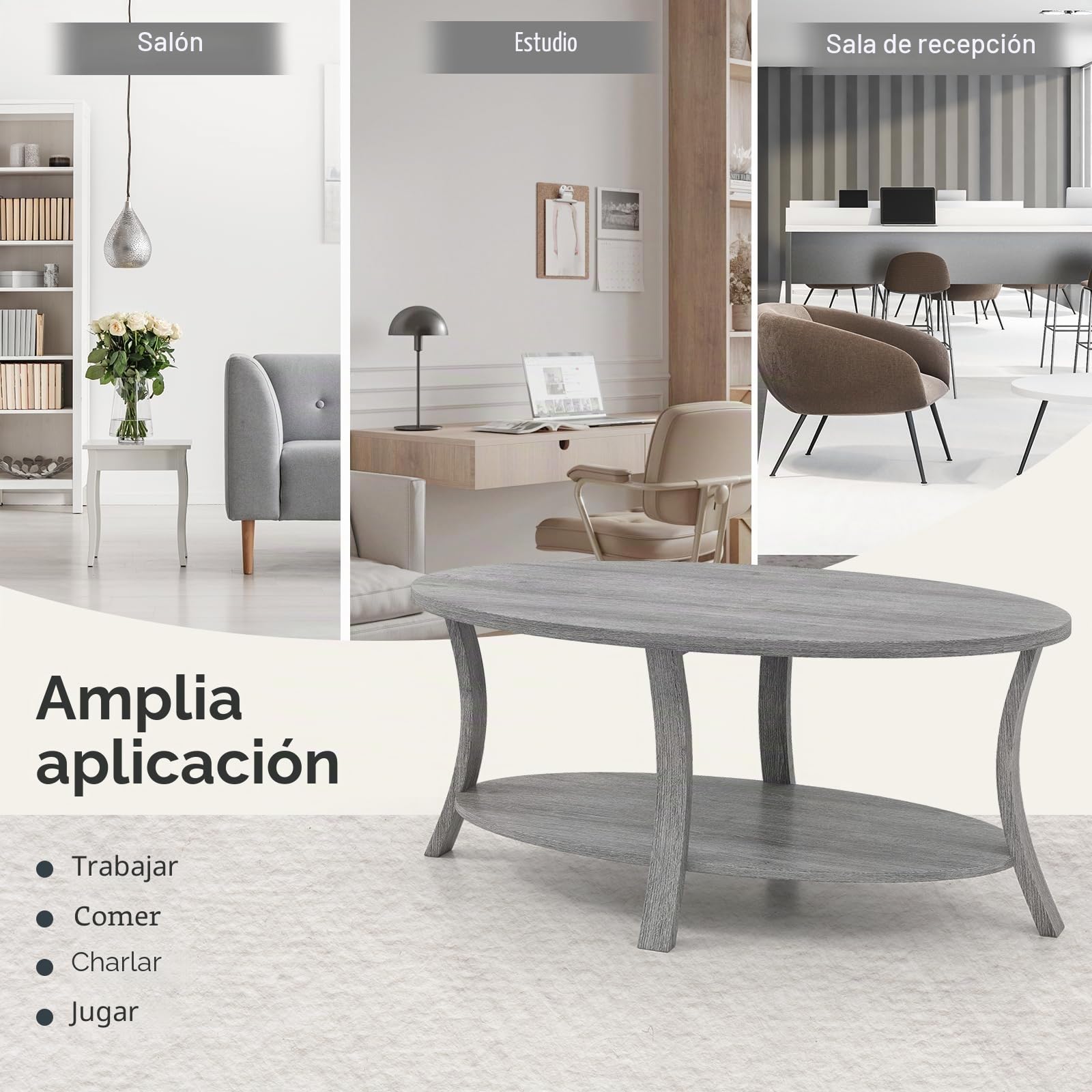 GOPLUS Mesa de Café Ovalada, Mesa Decorativa de Madera de Caucho con Estante de Almacenamiento Abierto, Mesa de Centro de 2 Niveles con Patas de Soporte Robustas para Sala de Estar Estudio (Gris)